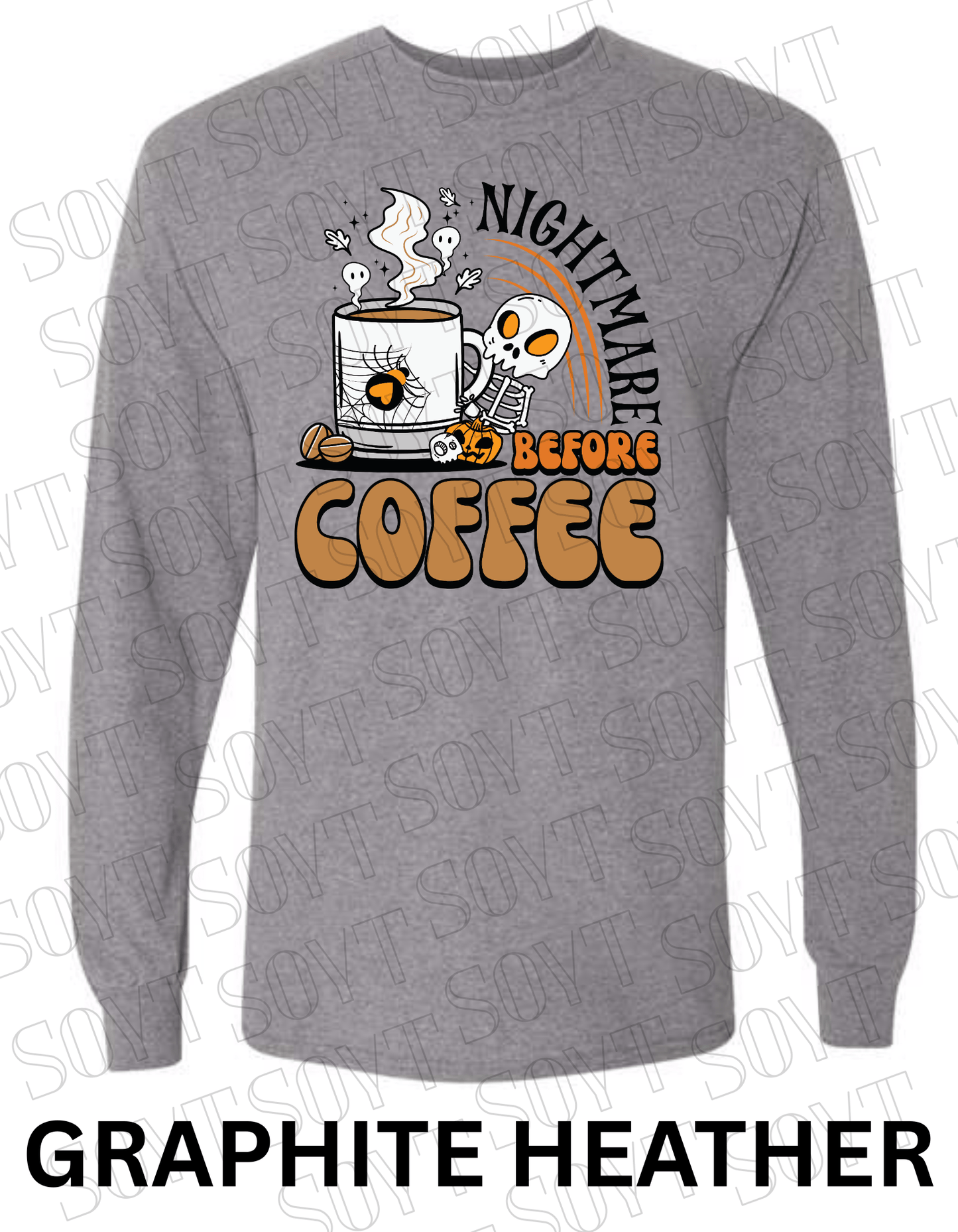 Nightmare Before Coffee Long Sleeve – Skeleton Hugging Mug Halloween Caffeine Shirt with Ghost Steam - Festive Apparel StoreGraphite Heather