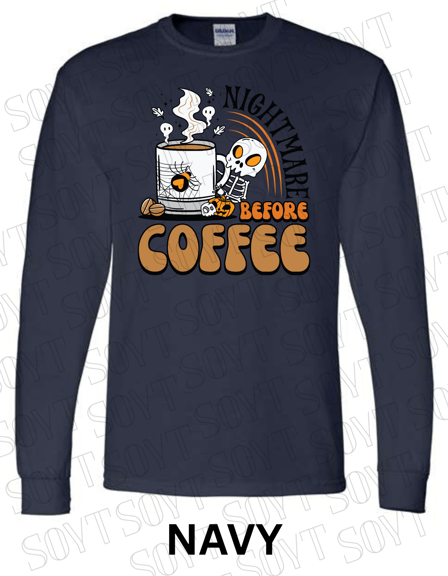 Nightmare Before Coffee Long Sleeve – Skeleton Hugging Mug Halloween Caffeine Shirt with Ghost Steam - Festive Apparel StoreNavy Blue