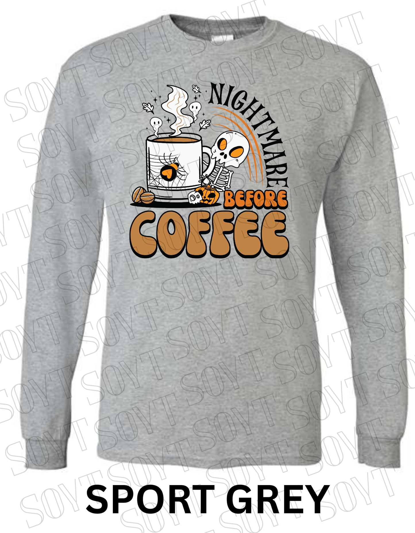 Nightmare Before Coffee Long Sleeve – Skeleton Hugging Mug Halloween Caffeine Shirt with Ghost Steam - Festive Apparel StoreSport Grey