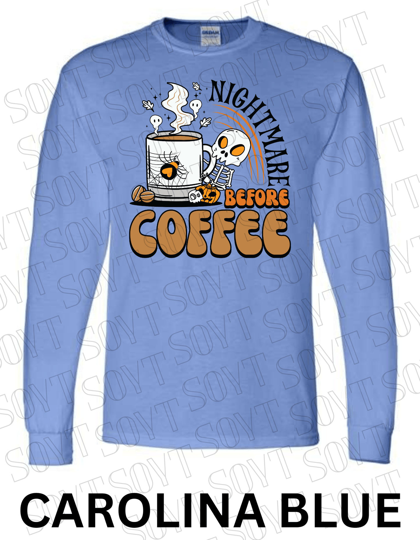 Nightmare Before Coffee Long Sleeve – Skeleton Hugging Mug Halloween Caffeine Shirt with Ghost Steam - Festive Apparel StoreCarolina Blue