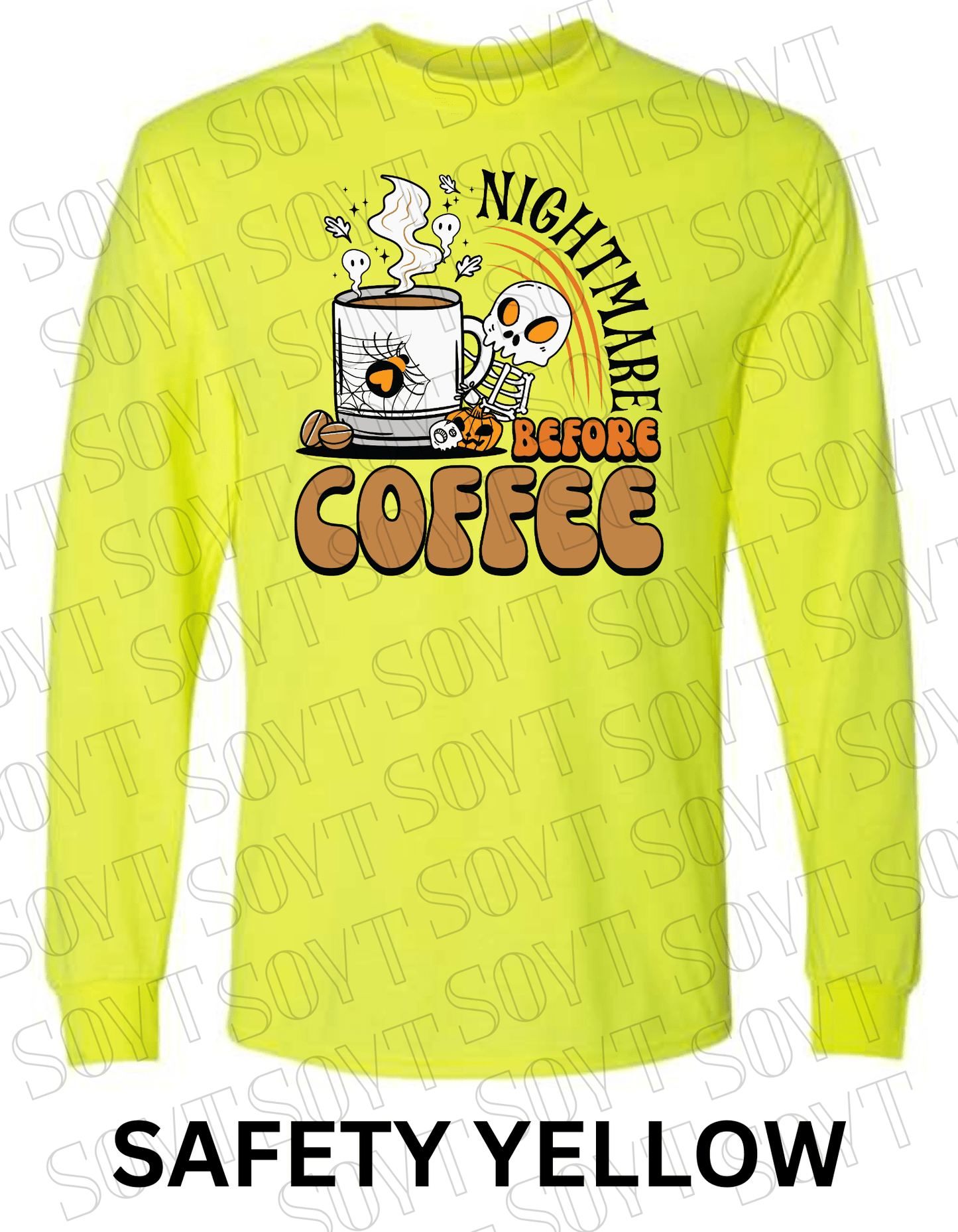 Nightmare Before Coffee Long Sleeve – Skeleton Hugging Mug Halloween Caffeine Shirt with Ghost Steam - Festive Apparel StoreSafety Yellow