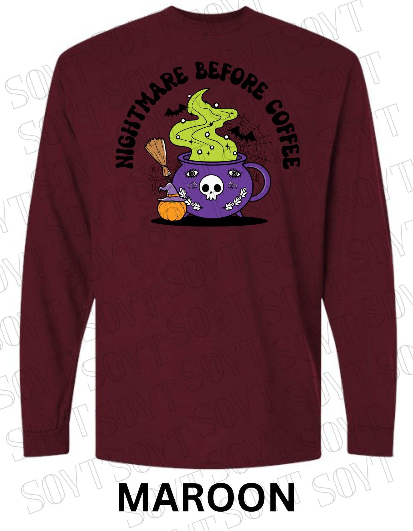Nightmare Before Coffee Long Sleeve – Witchy Cauldron Mug with Green Steam, Skull, and Halloween Bats Shirt - Festive Apparel StoreMaroon