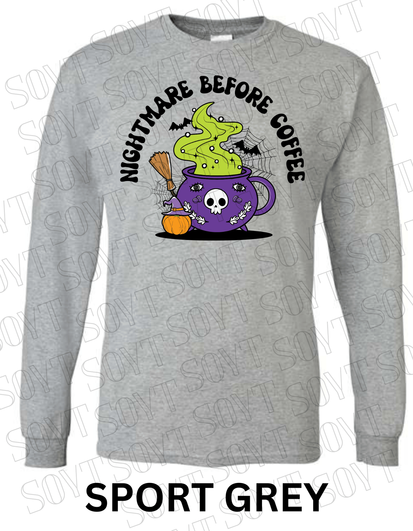 Nightmare Before Coffee Long Sleeve – Witchy Cauldron Mug with Green Steam, Skull, and Halloween Bats Shirt - Festive Apparel StoreSport Grey