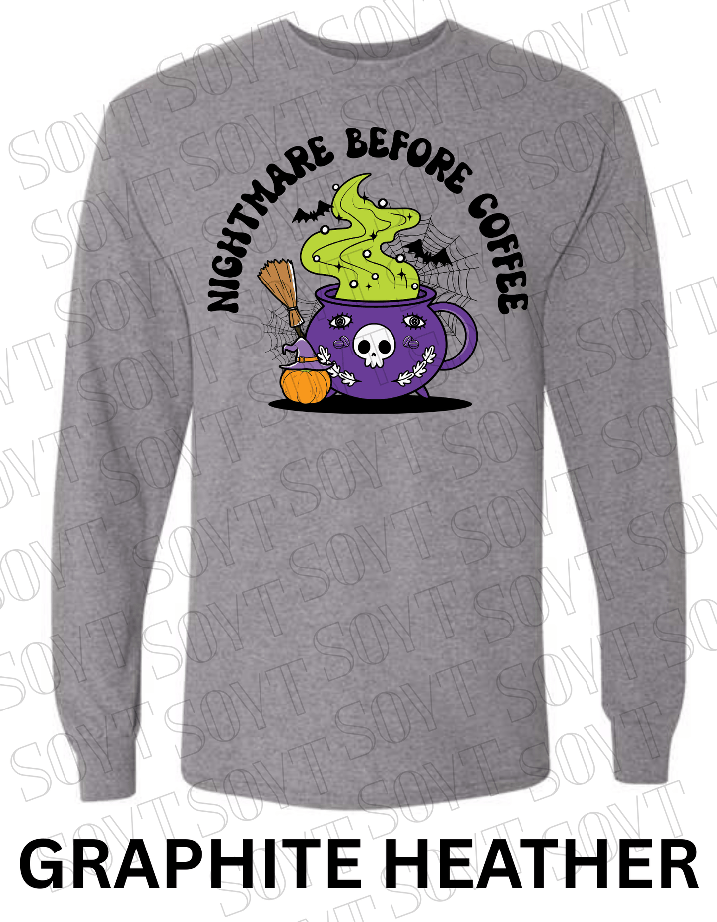 Nightmare Before Coffee Long Sleeve – Witchy Cauldron Mug with Green Steam, Skull, and Halloween Bats Shirt - Festive Apparel StoreGraphite Heather