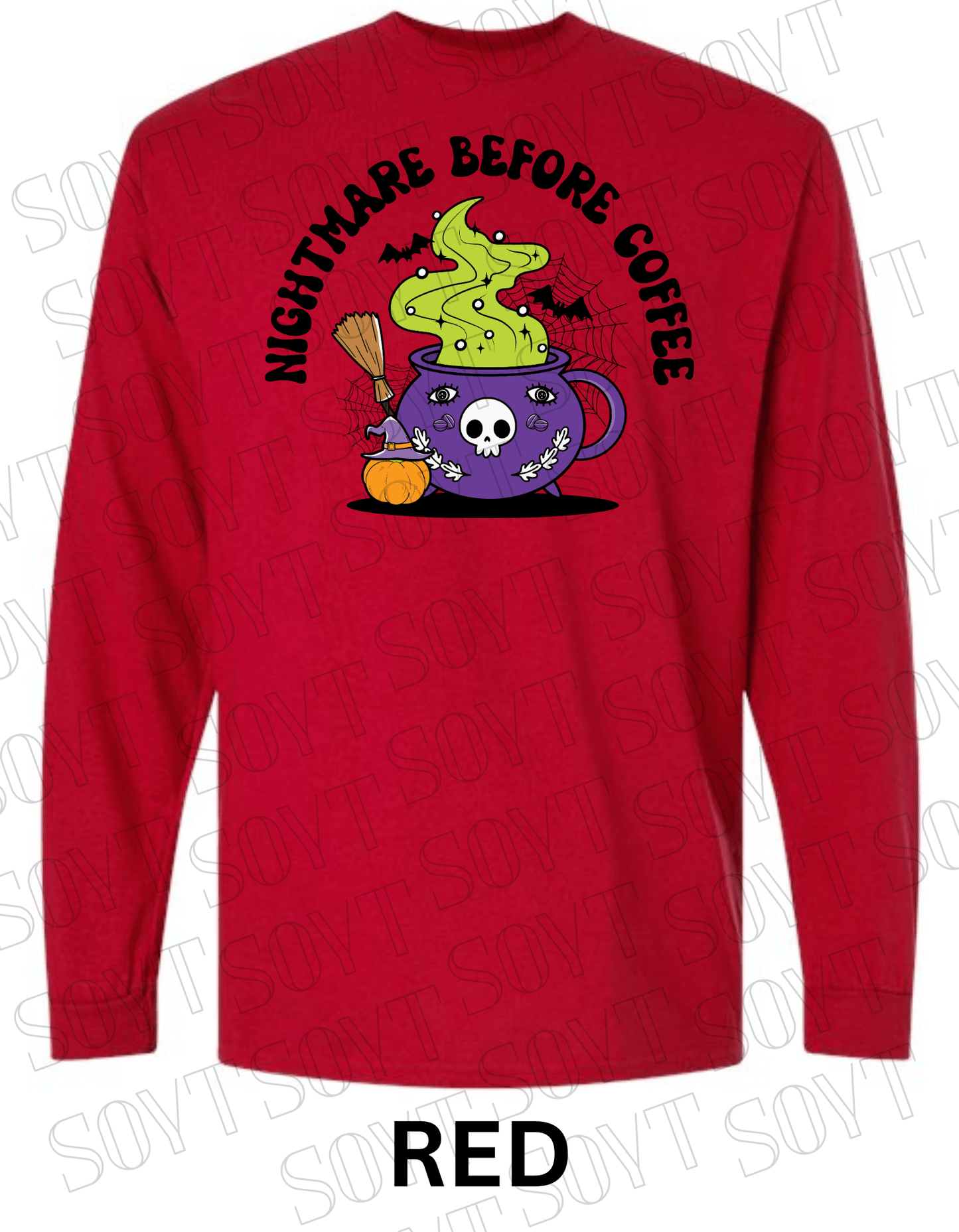 Nightmare Before Coffee Long Sleeve – Witchy Cauldron Mug with Green Steam, Skull, and Halloween Bats Shirt - Festive Apparel StoreRed