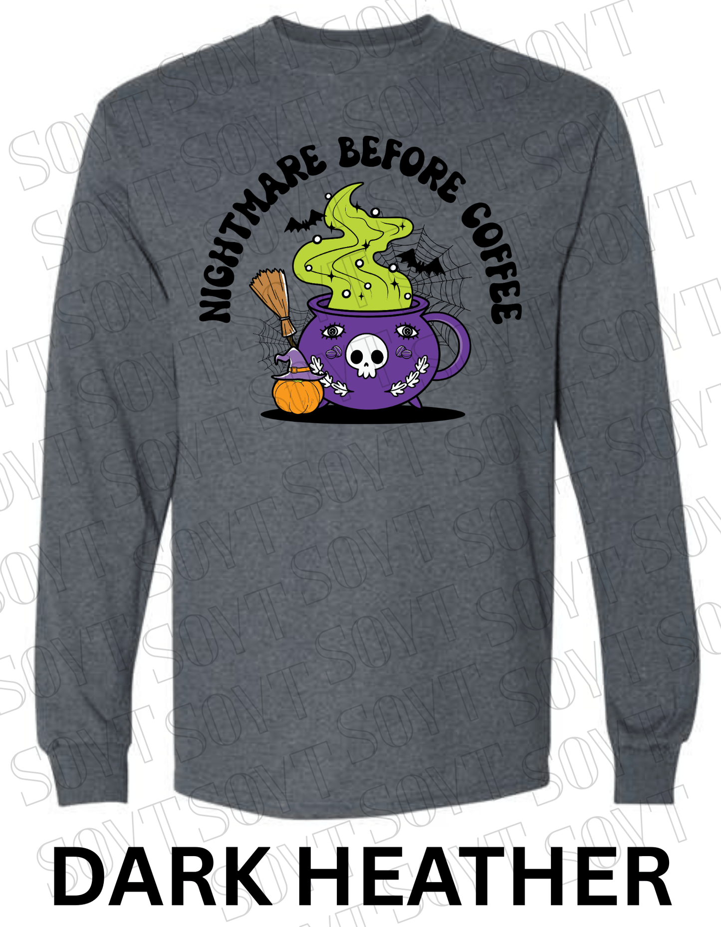 Nightmare Before Coffee Long Sleeve – Witchy Cauldron Mug with Green Steam, Skull, and Halloween Bats Shirt - Festive Apparel StoreDark Heather