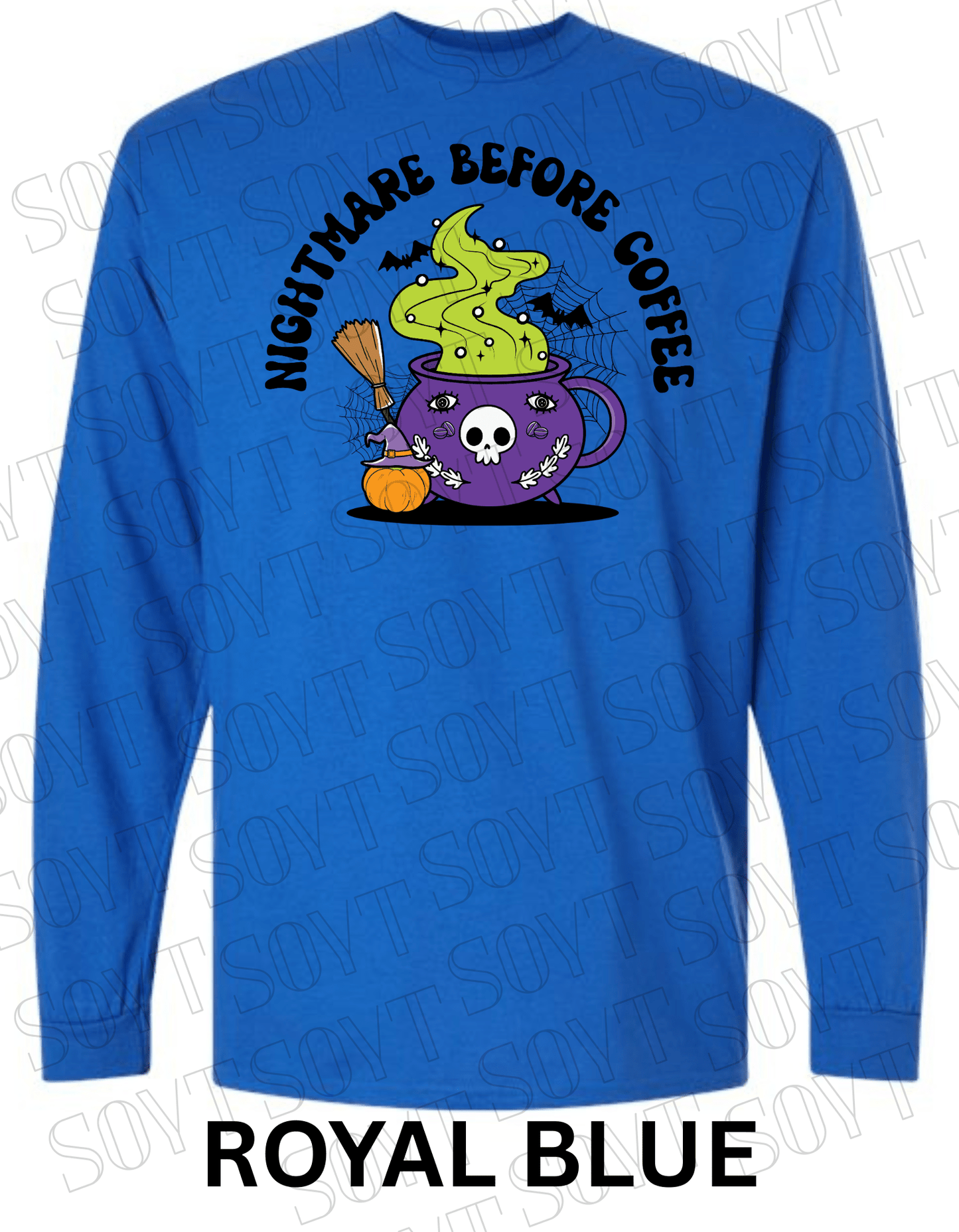 Nightmare Before Coffee Long Sleeve – Witchy Cauldron Mug with Green Steam, Skull, and Halloween Bats Shirt - Festive Apparel StoreRoyal Blue
