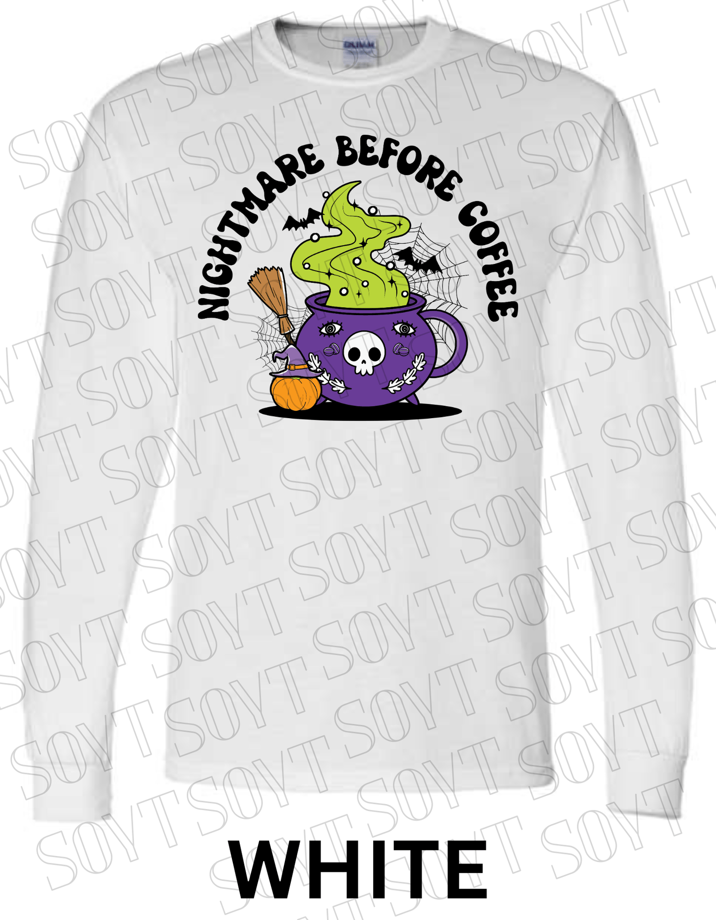 Nightmare Before Coffee Long Sleeve – Witchy Cauldron Mug with Green Steam, Skull, and Halloween Bats Shirt - Festive Apparel StoreWhite