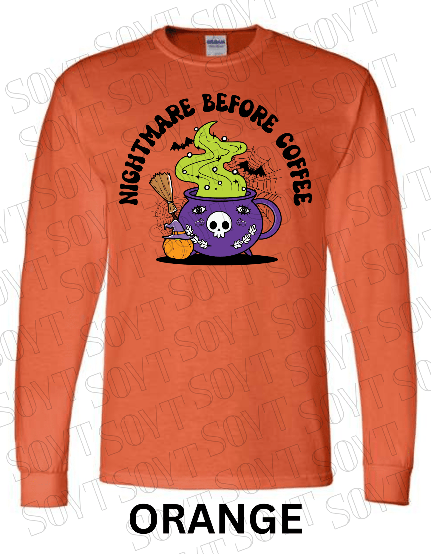 Nightmare Before Coffee Long Sleeve – Witchy Cauldron Mug with Green Steam, Skull, and Halloween Bats Shirt - Festive Apparel StoreOrange
