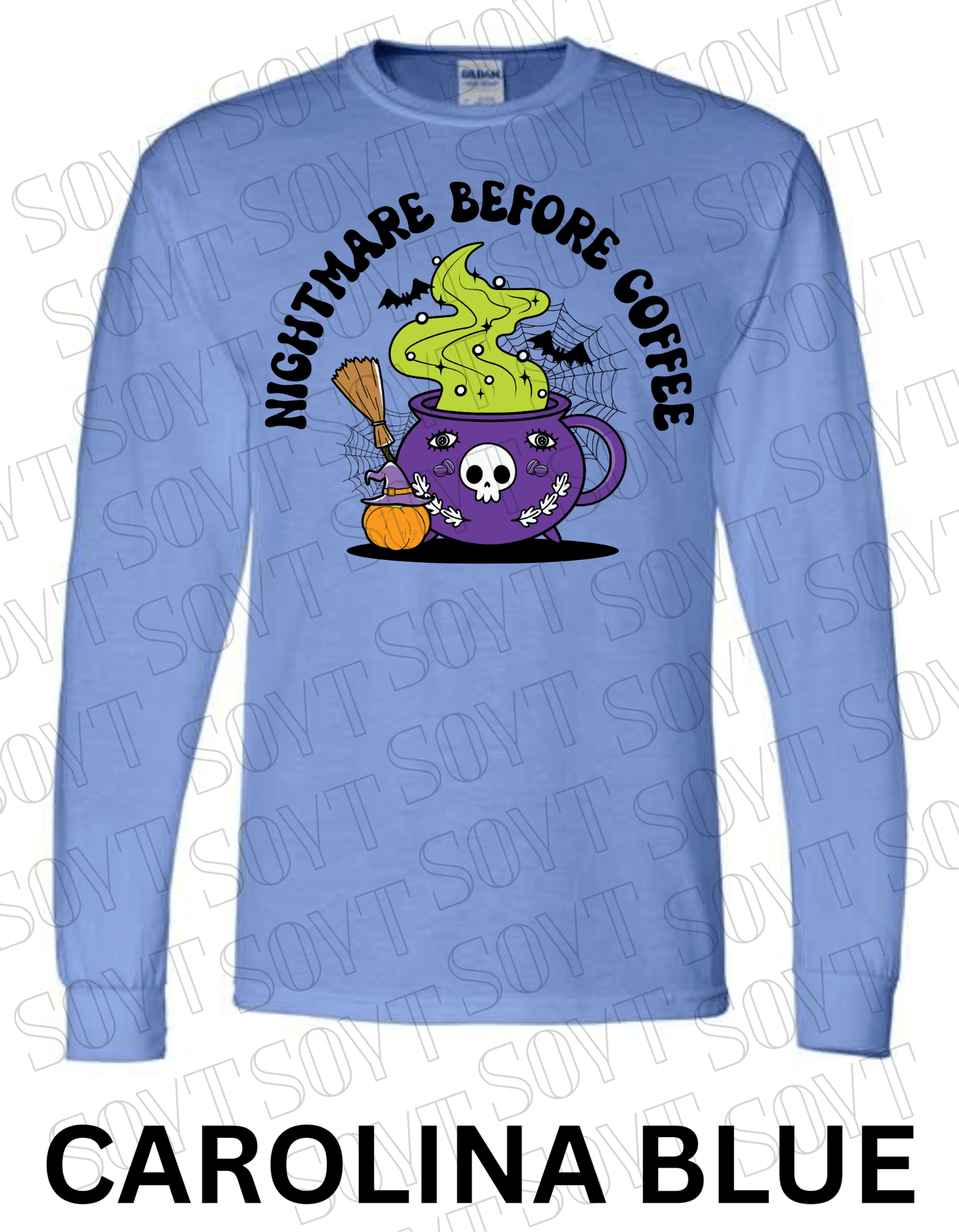 Nightmare Before Coffee Long Sleeve – Witchy Cauldron Mug with Green Steam, Skull, and Halloween Bats Shirt - Festive Apparel StoreCarolina Blue