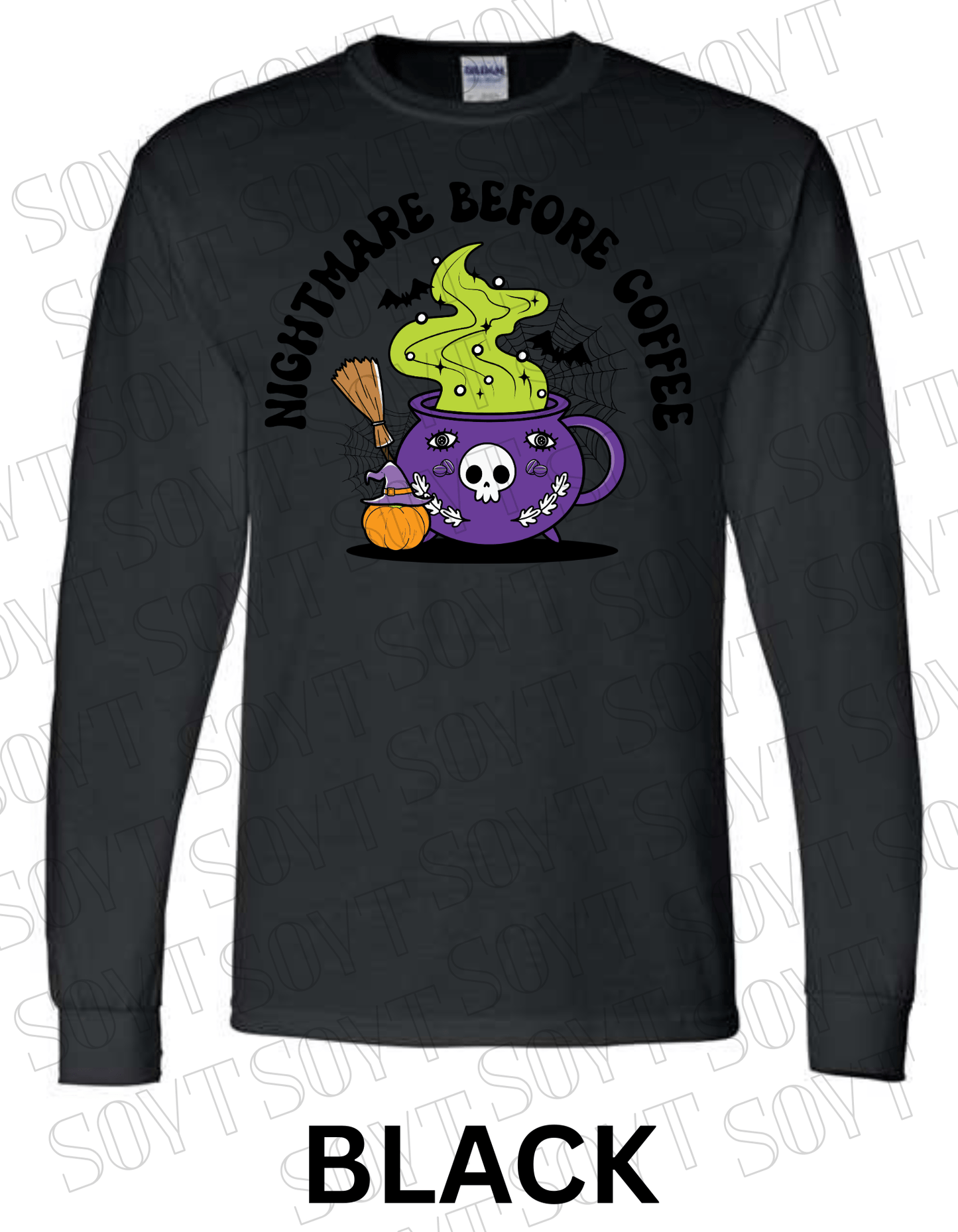 Nightmare Before Coffee Long Sleeve – Witchy Cauldron Mug with Green Steam, Skull, and Halloween Bats Shirt - Festive Apparel StoreBlack