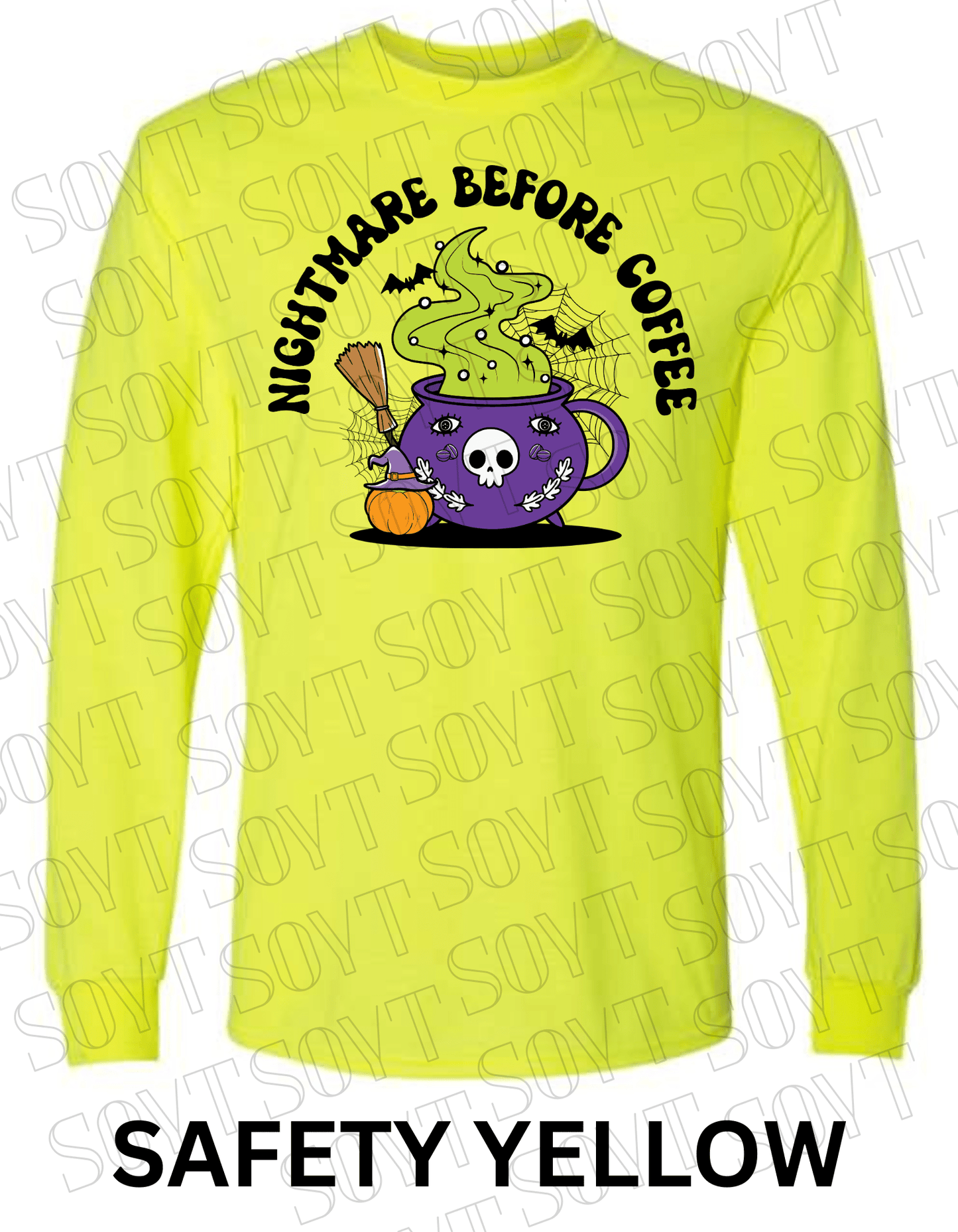 Nightmare Before Coffee Long Sleeve – Witchy Cauldron Mug with Green Steam, Skull, and Halloween Bats Shirt - Festive Apparel StoreSafety Yellow