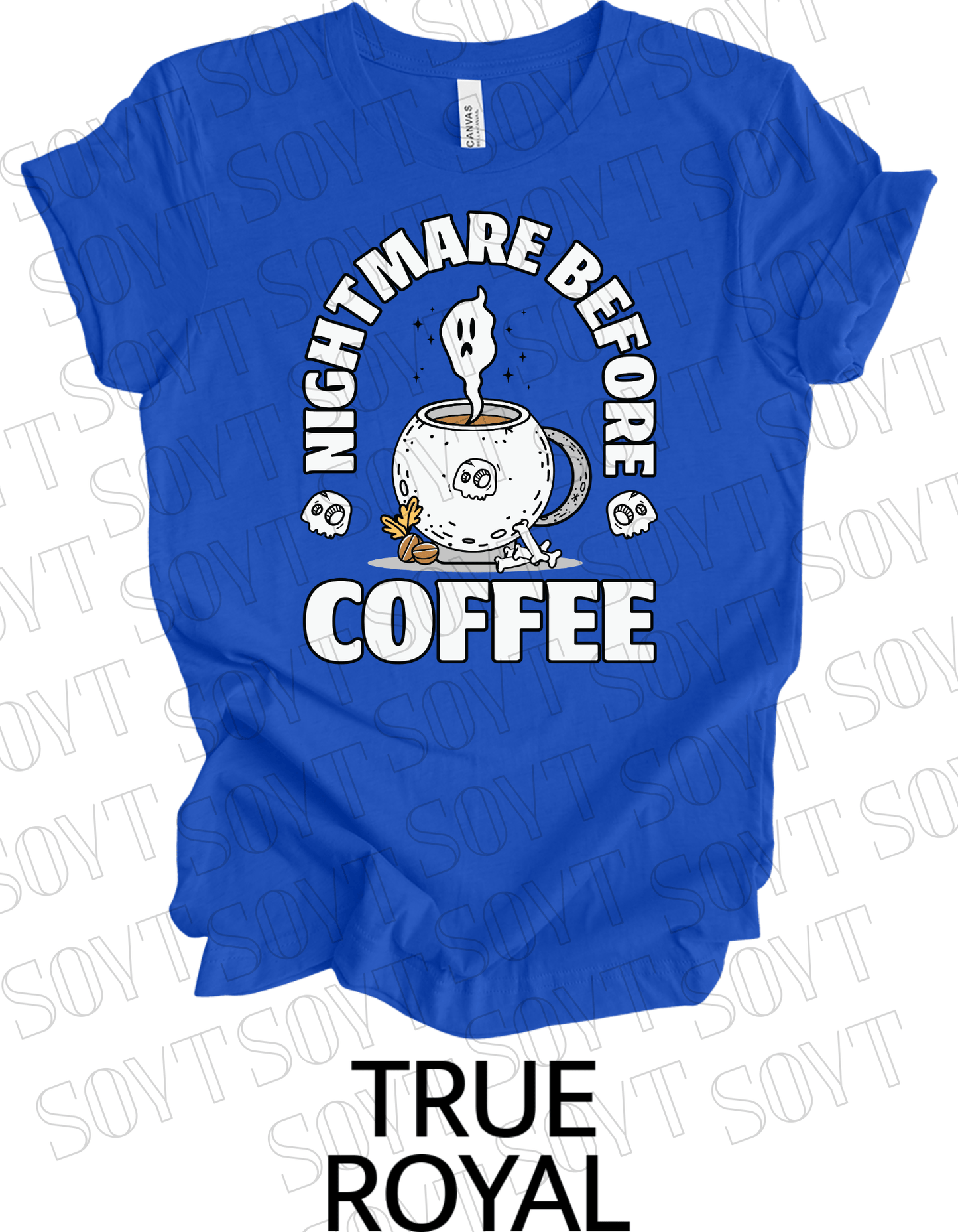 Nightmare Before Coffee T-Shirt – Ghost in Cauldron Mug with Skulls & Bones Halloween Caffeine Graphic Tee - Festive Apparel StoreRoyal Blue