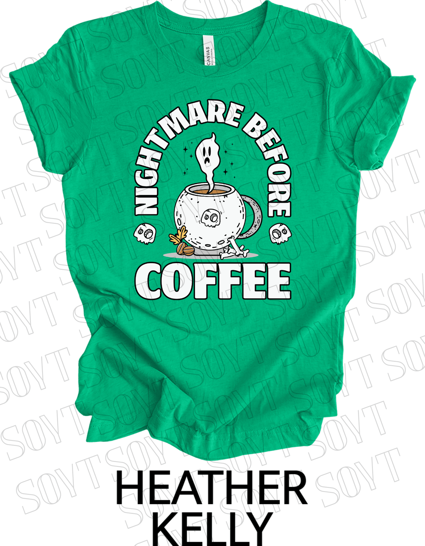 Nightmare Before Coffee T-Shirt – Ghost in Cauldron Mug with Skulls & Bones Halloween Caffeine Graphic Tee - Festive Apparel StoreHeather Kelly Green