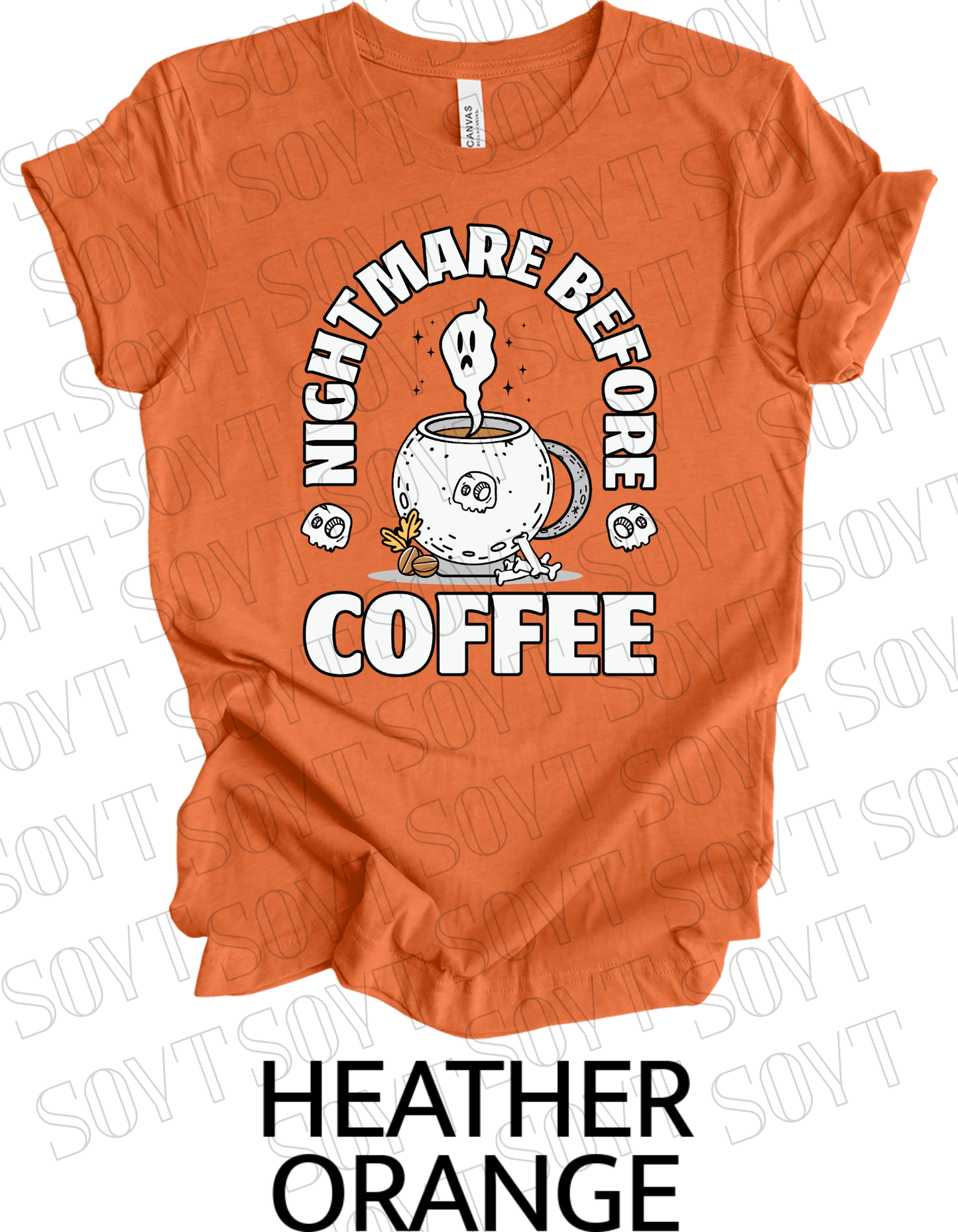 Nightmare Before Coffee T-Shirt – Ghost in Cauldron Mug with Skulls & Bones Halloween Caffeine Graphic Tee - Festive Apparel StoreHeather Orange