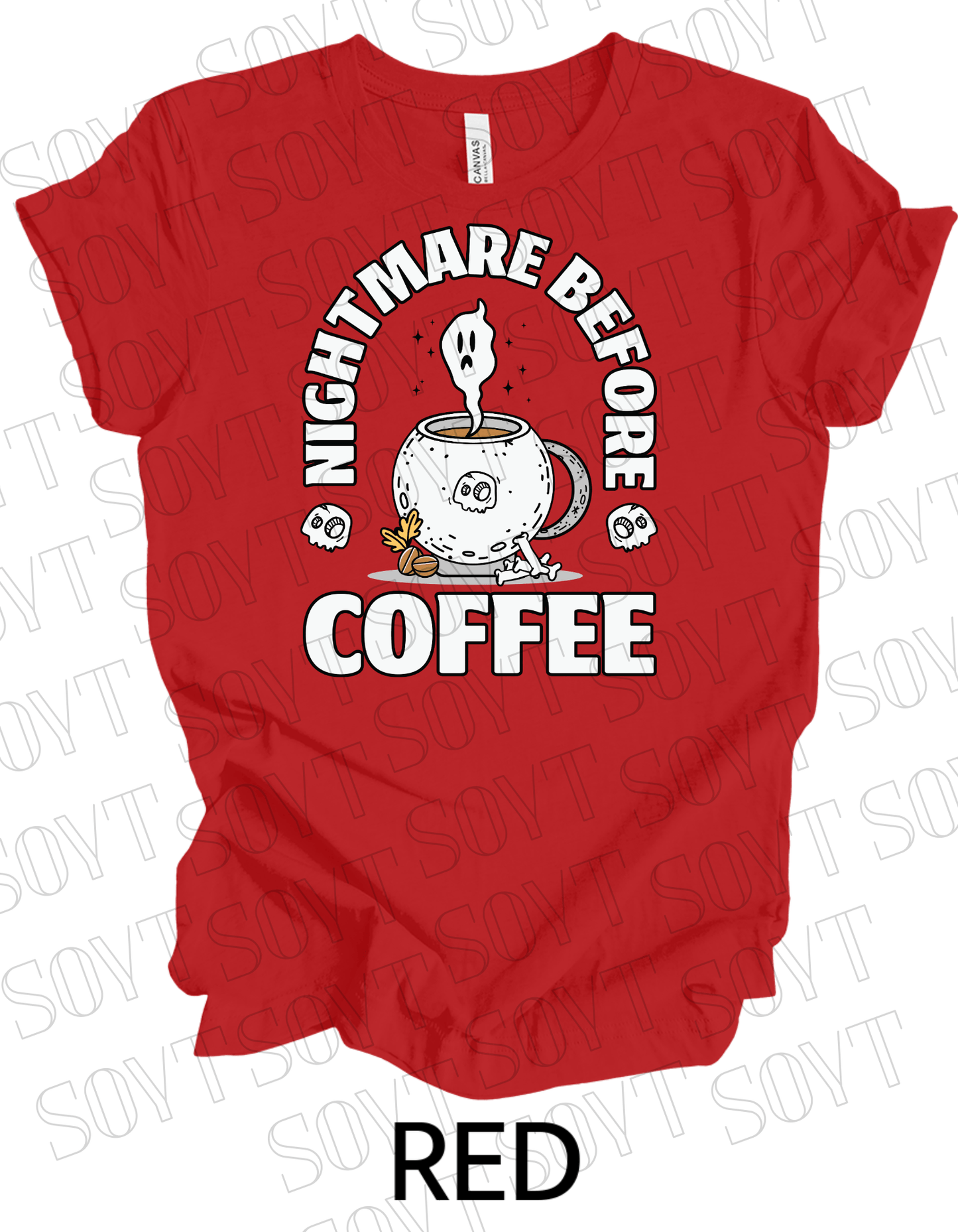 Nightmare Before Coffee T-Shirt – Ghost in Cauldron Mug with Skulls & Bones Halloween Caffeine Graphic Tee - Festive Apparel StoreRed