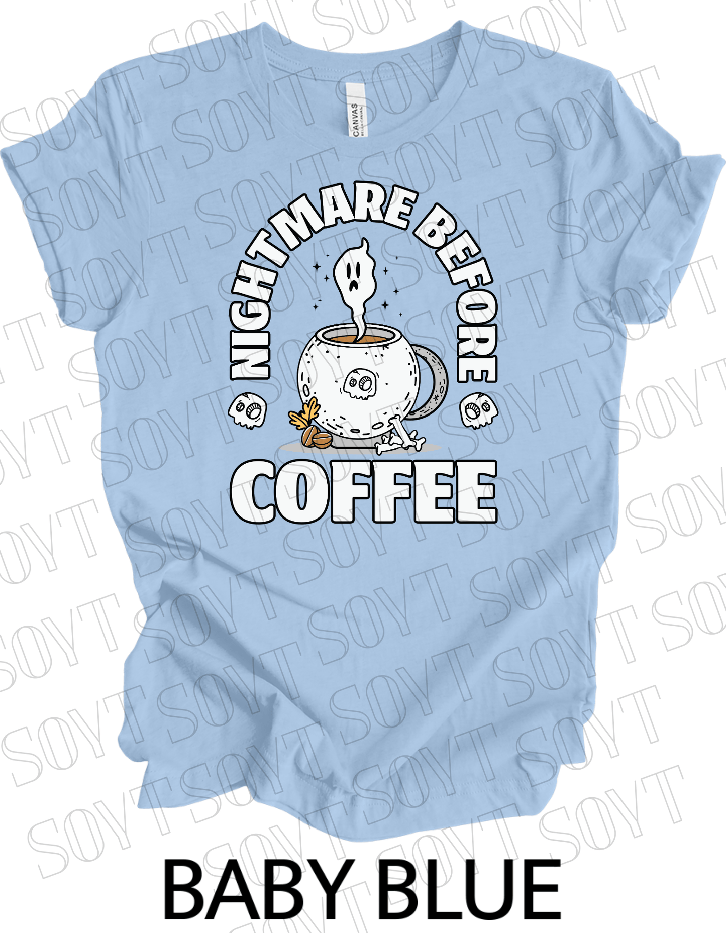 Nightmare Before Coffee T-Shirt – Ghost in Cauldron Mug with Skulls & Bones Halloween Caffeine Graphic Tee - Festive Apparel StoreBaby Blue