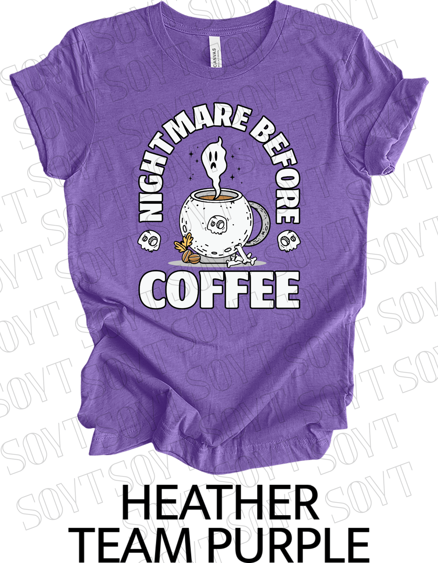 Nightmare Before Coffee T-Shirt – Ghost in Cauldron Mug with Skulls & Bones Halloween Caffeine Graphic Tee - Festive Apparel StoreHeather Purple