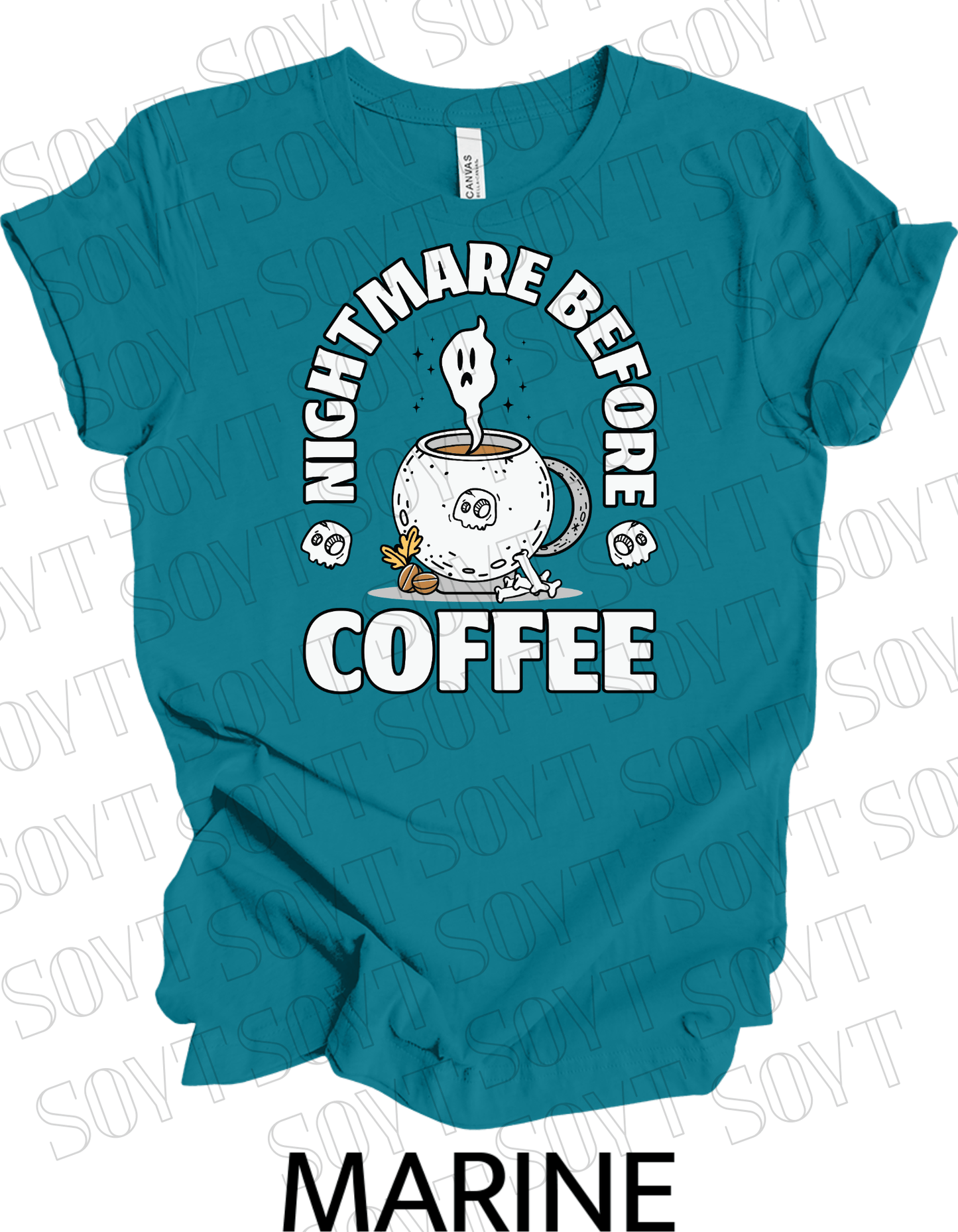 Nightmare Before Coffee T-Shirt – Ghost in Cauldron Mug with Skulls & Bones Halloween Caffeine Graphic Tee - Festive Apparel StoreMarine