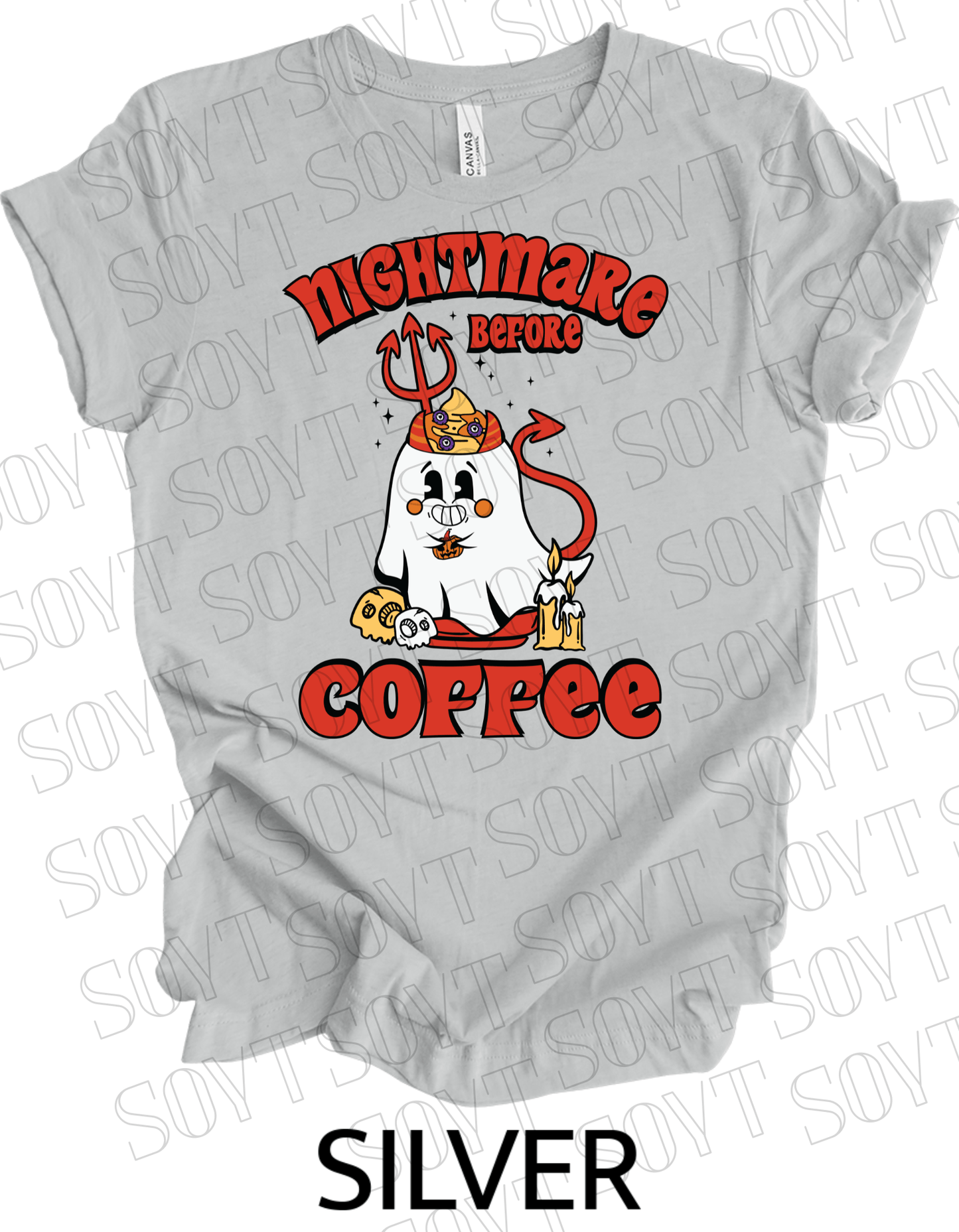 Nightmare Before Coffee T-Shirt – Halloween Devil Ghost with Candles, Skulls & Bold Retro Coffee Graphic Tee - Festive Apparel StoreSilver