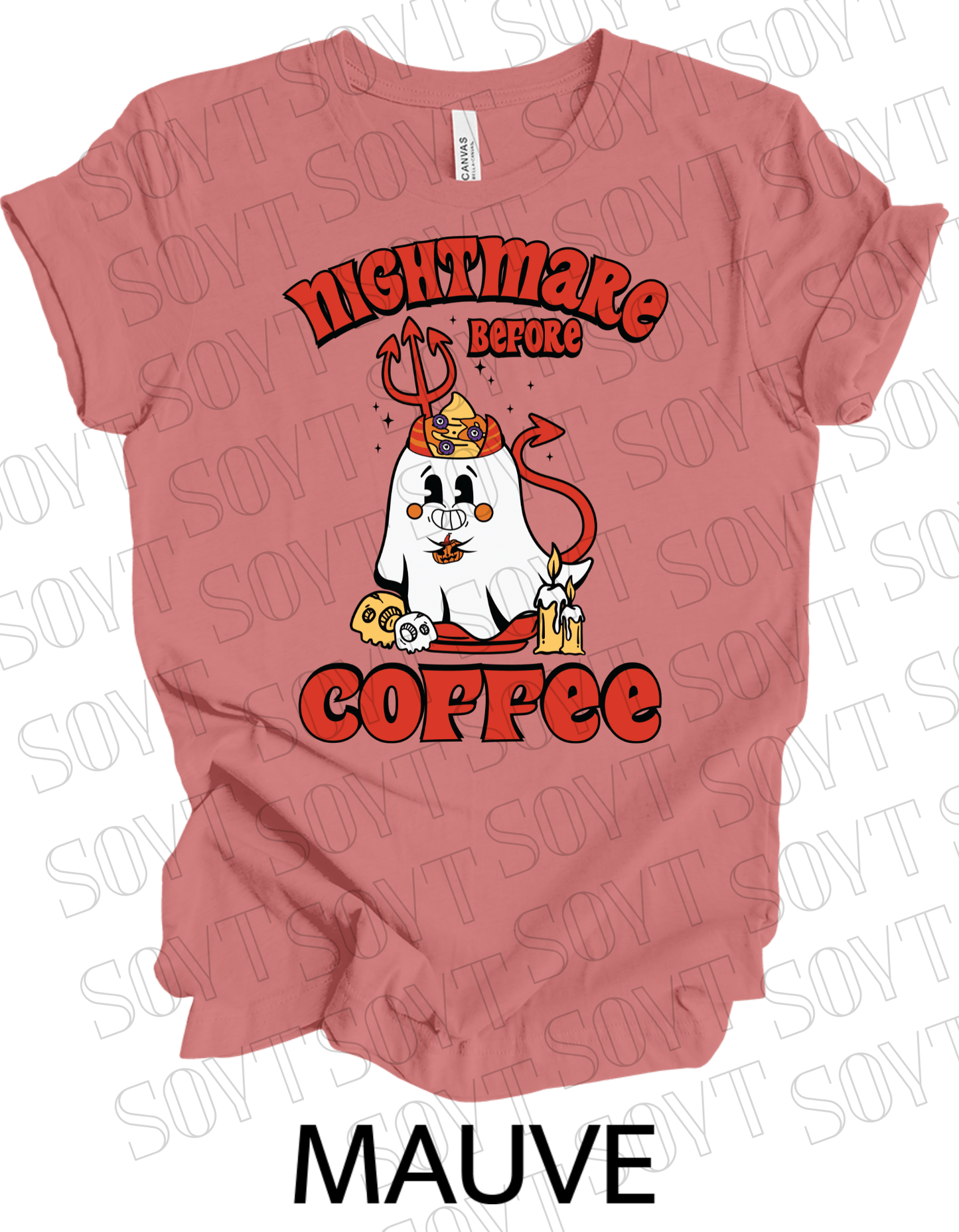 Nightmare Before Coffee T-Shirt – Halloween Devil Ghost with Candles, Skulls & Bold Retro Coffee Graphic Tee - Festive Apparel StoreMauve
