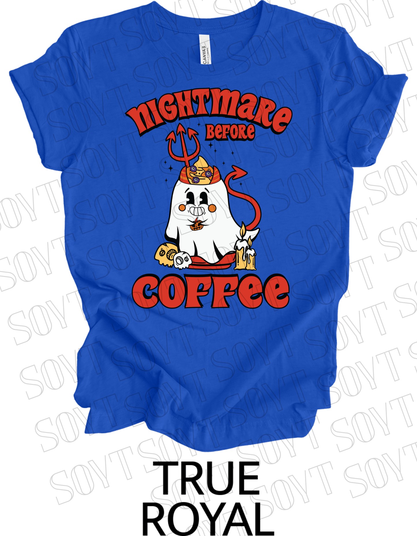 Nightmare Before Coffee T-Shirt – Halloween Devil Ghost with Candles, Skulls & Bold Retro Coffee Graphic Tee - Festive Apparel StoreRoyal Blue