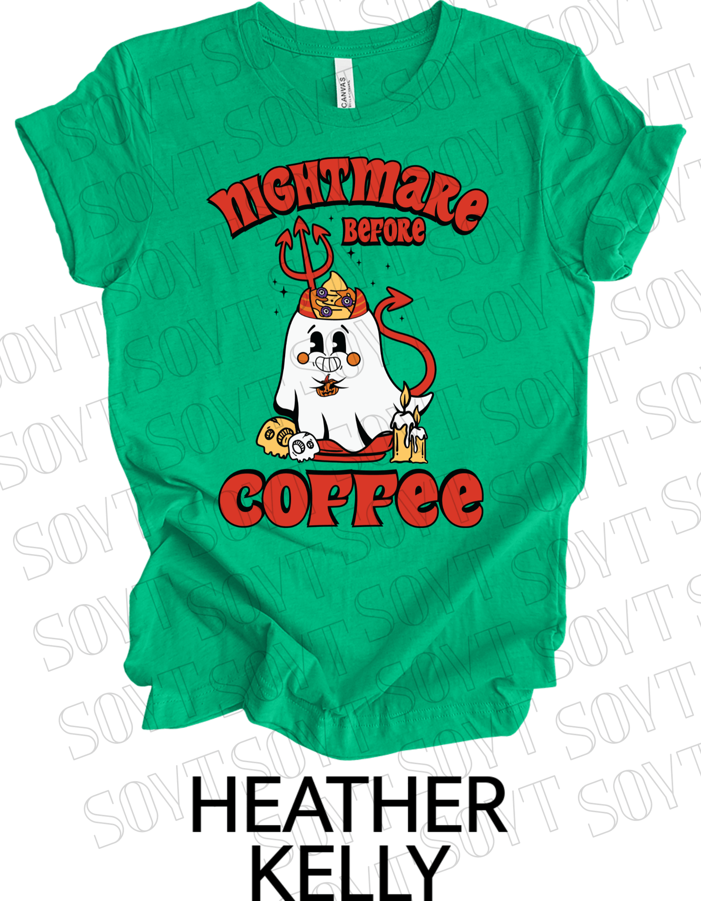 Nightmare Before Coffee T-Shirt – Halloween Devil Ghost with Candles, Skulls & Bold Retro Coffee Graphic Tee - Festive Apparel StoreHeather Kelly Green