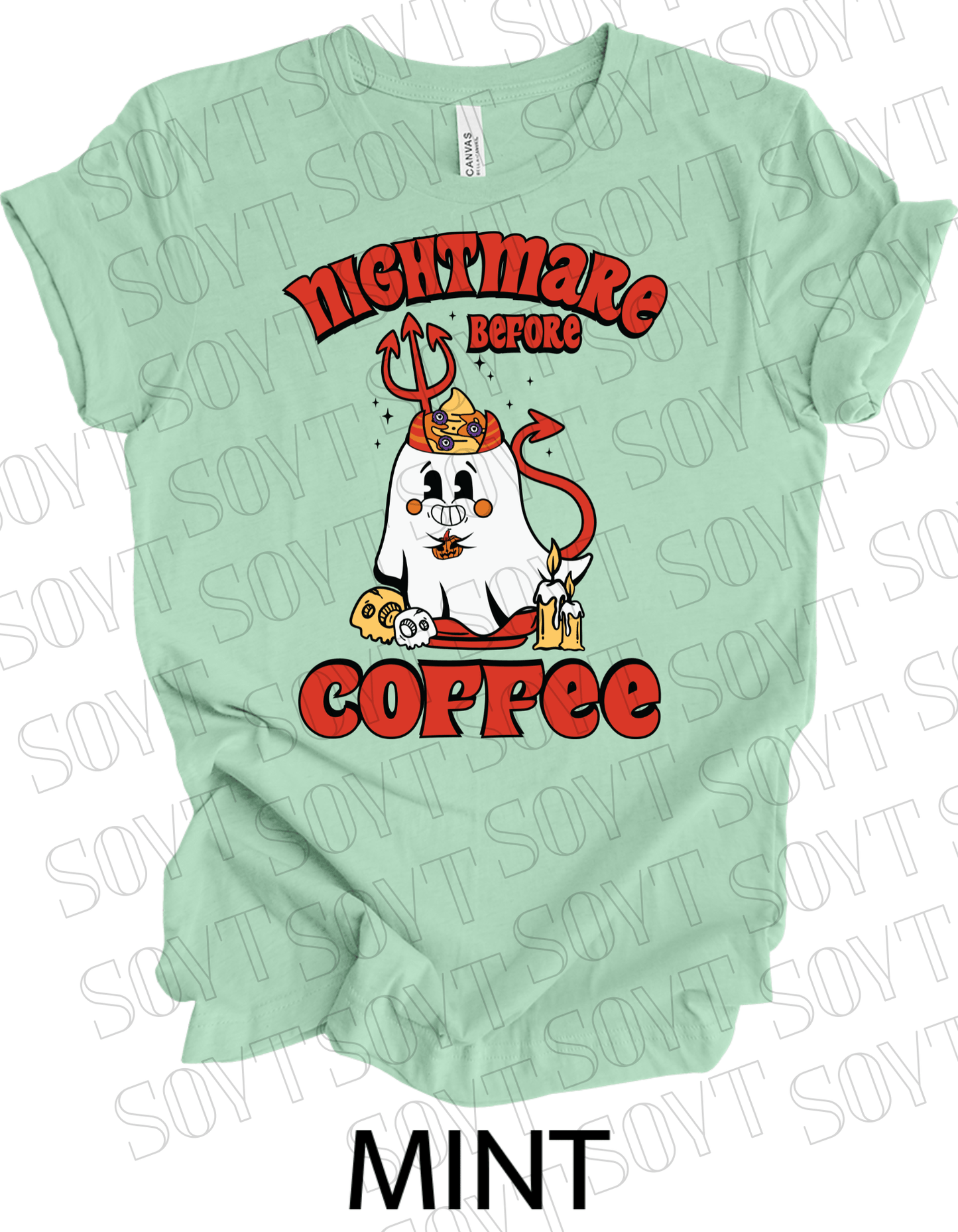 Nightmare Before Coffee T-Shirt – Halloween Devil Ghost with Candles, Skulls & Bold Retro Coffee Graphic Tee - Festive Apparel StoreMint
