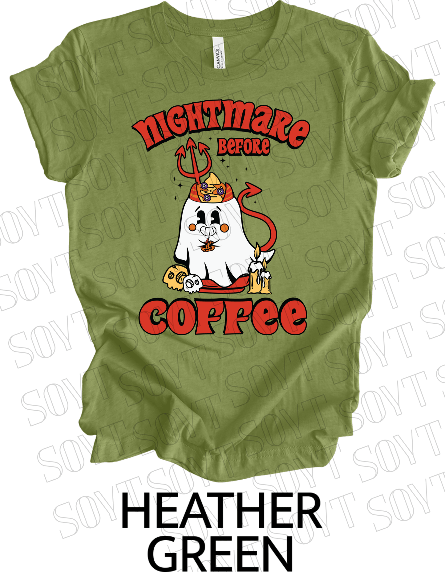 Nightmare Before Coffee T-Shirt – Halloween Devil Ghost with Candles, Skulls & Bold Retro Coffee Graphic Tee - Festive Apparel StoreHeather Green