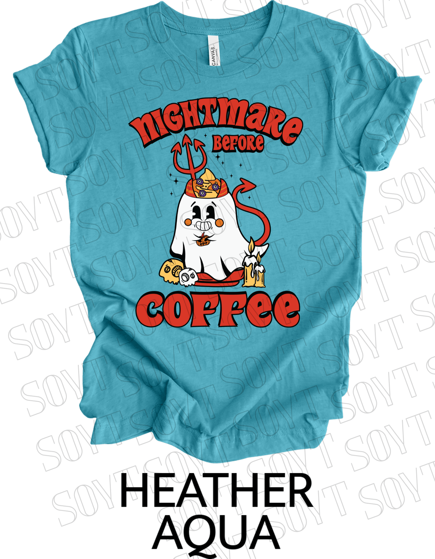 Nightmare Before Coffee T-Shirt – Halloween Devil Ghost with Candles, Skulls & Bold Retro Coffee Graphic Tee - Festive Apparel StoreHeather Aqua