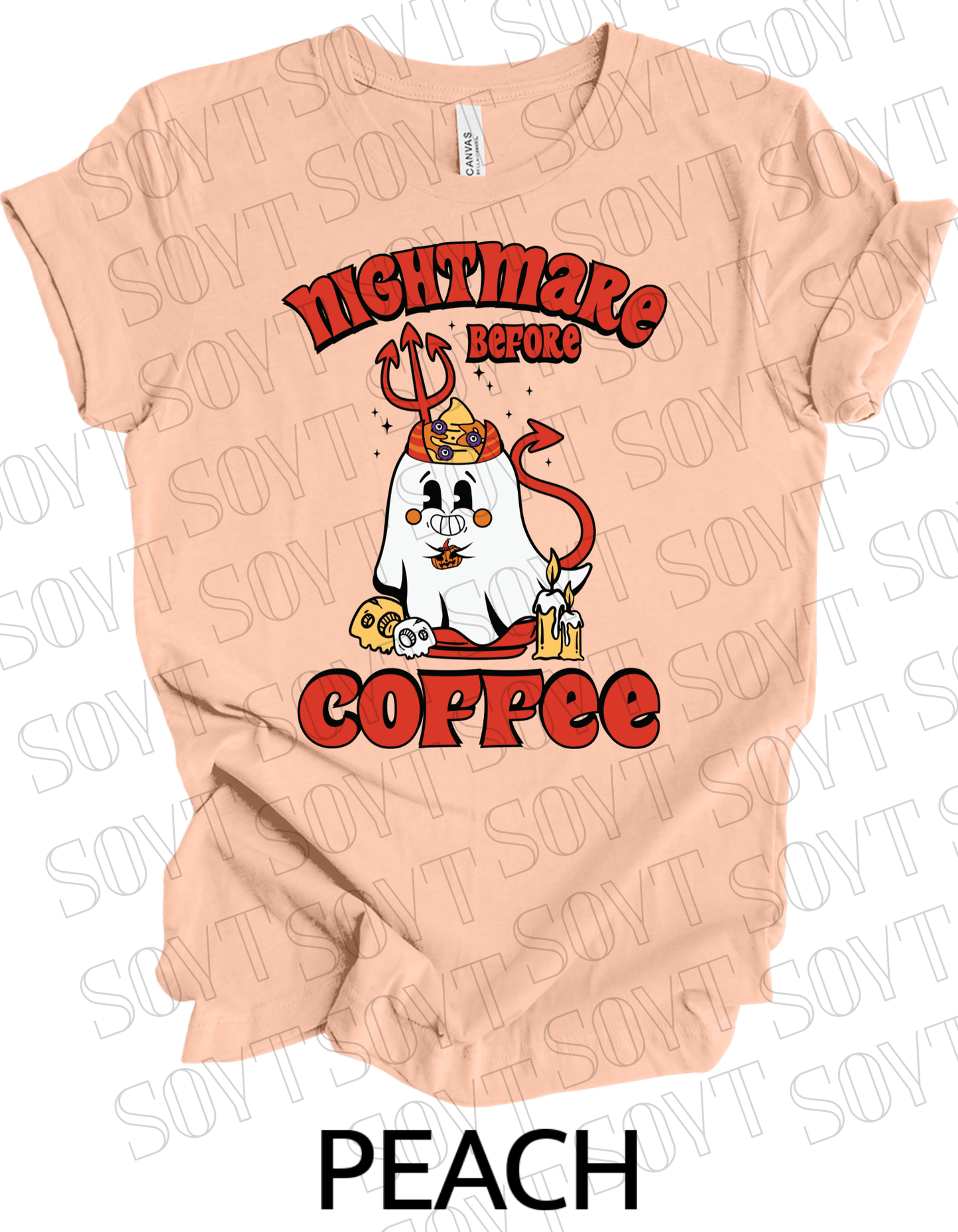 Nightmare Before Coffee T-Shirt – Halloween Devil Ghost with Candles, Skulls & Bold Retro Coffee Graphic Tee - Festive Apparel StorePeach