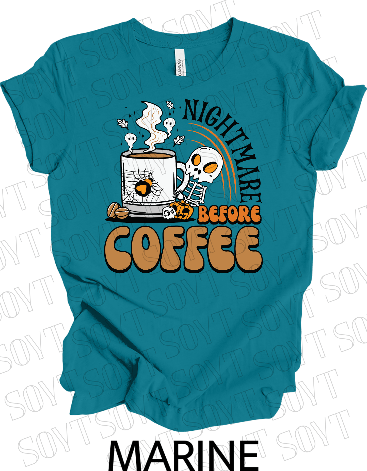 Nightmare Before Coffee T-Shirt – Skeleton & Spiderweb Mug Halloween Caffeine Graphic Tee - Festive Apparel StoreMarine