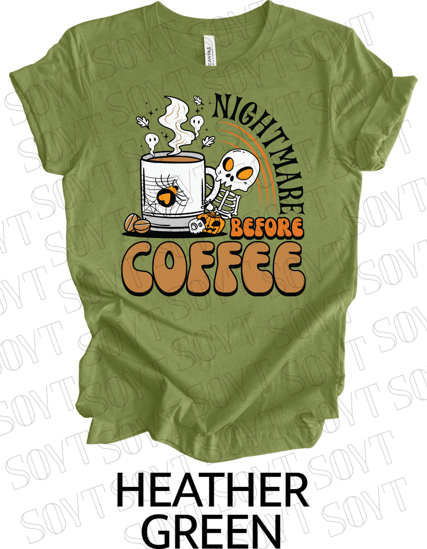 Nightmare Before Coffee T-Shirt – Skeleton & Spiderweb Mug Halloween Caffeine Graphic Tee - Festive Apparel StoreHeather Green