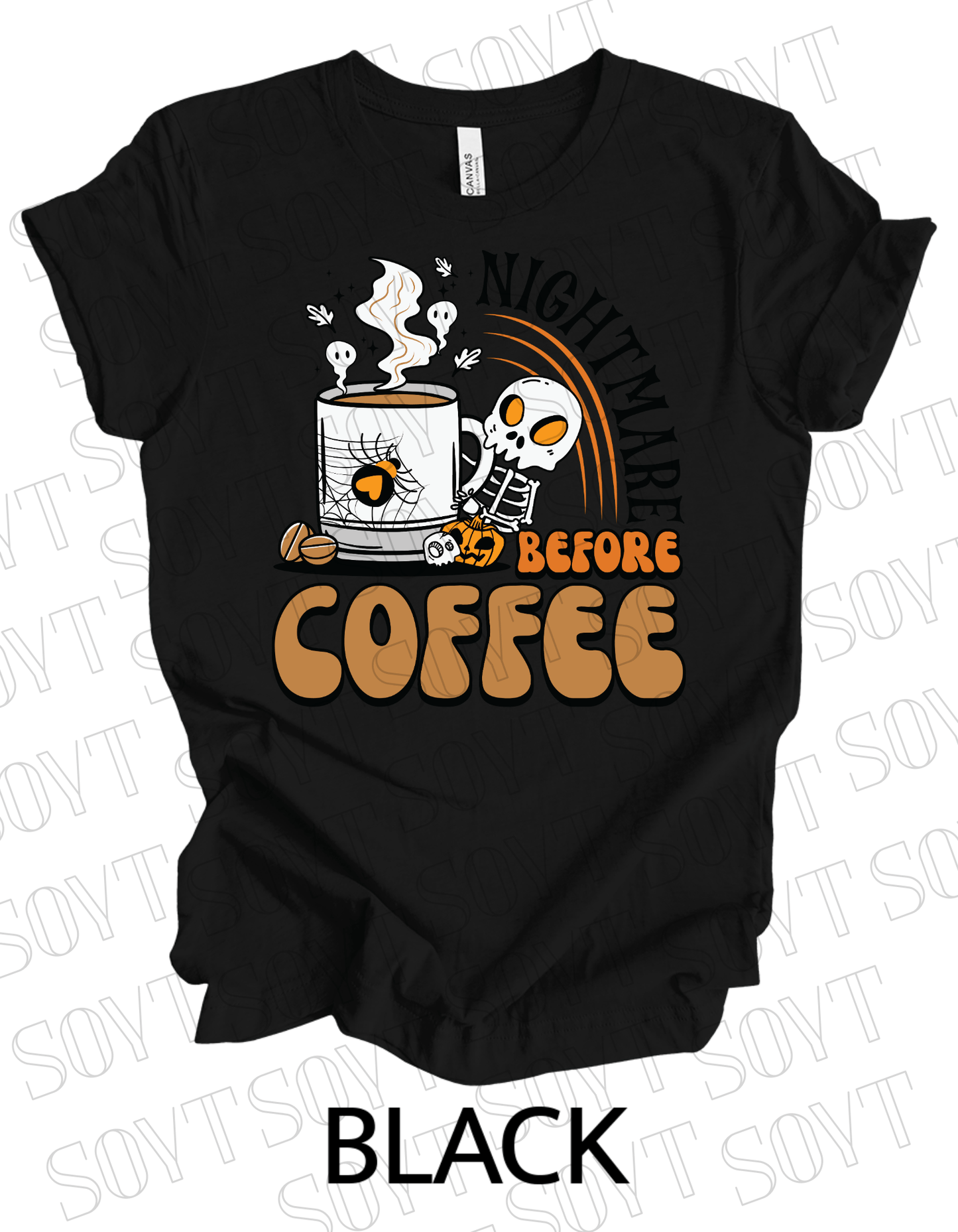 Nightmare Before Coffee T-Shirt – Skeleton & Spiderweb Mug Halloween Caffeine Graphic Tee - Festive Apparel StoreBlack