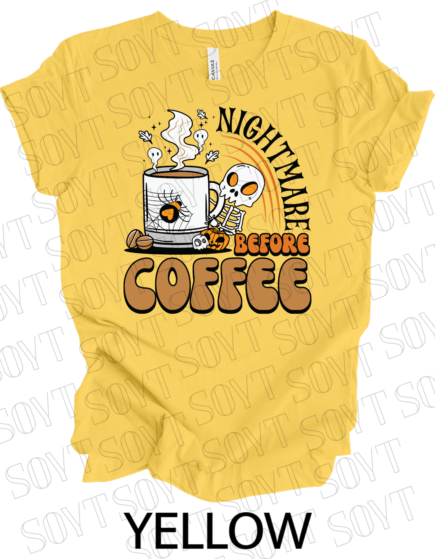 Nightmare Before Coffee T-Shirt – Skeleton & Spiderweb Mug Halloween Caffeine Graphic Tee - Festive Apparel StoreYellow