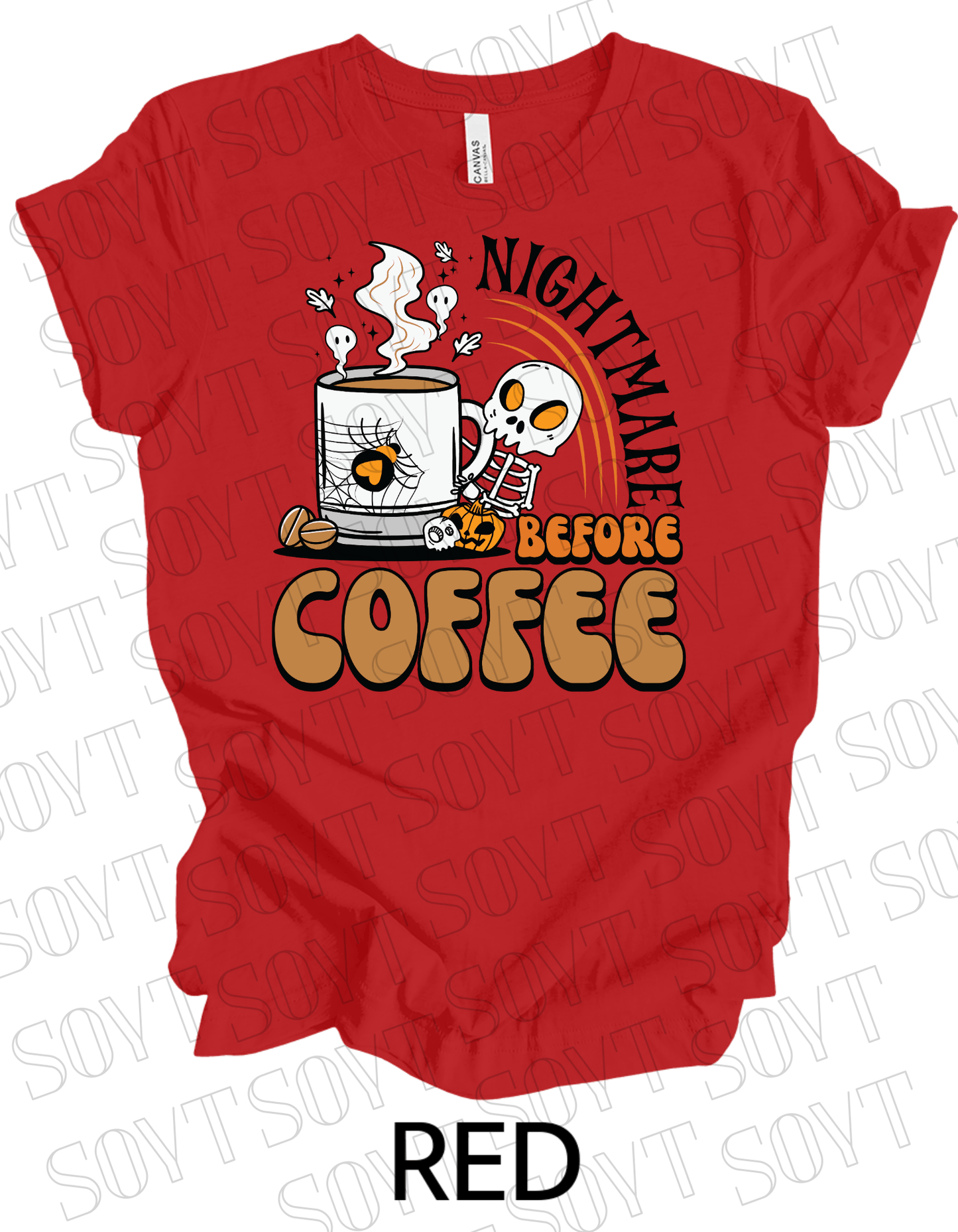 Nightmare Before Coffee T-Shirt – Skeleton & Spiderweb Mug Halloween Caffeine Graphic Tee - Festive Apparel StoreRed