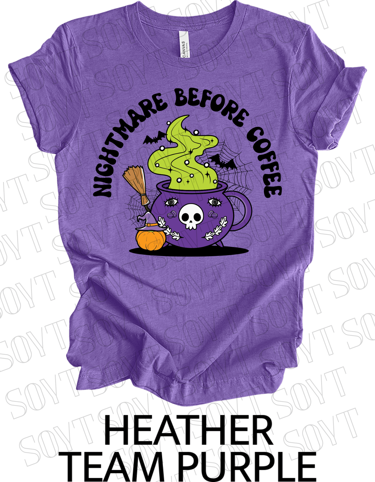 Nightmare Before Coffee T-Shirt – Witch Cauldron Mug with Green Brew, Skull Face & Halloween Magic Graphic Tee - Festive Apparel StoreHeather Purple