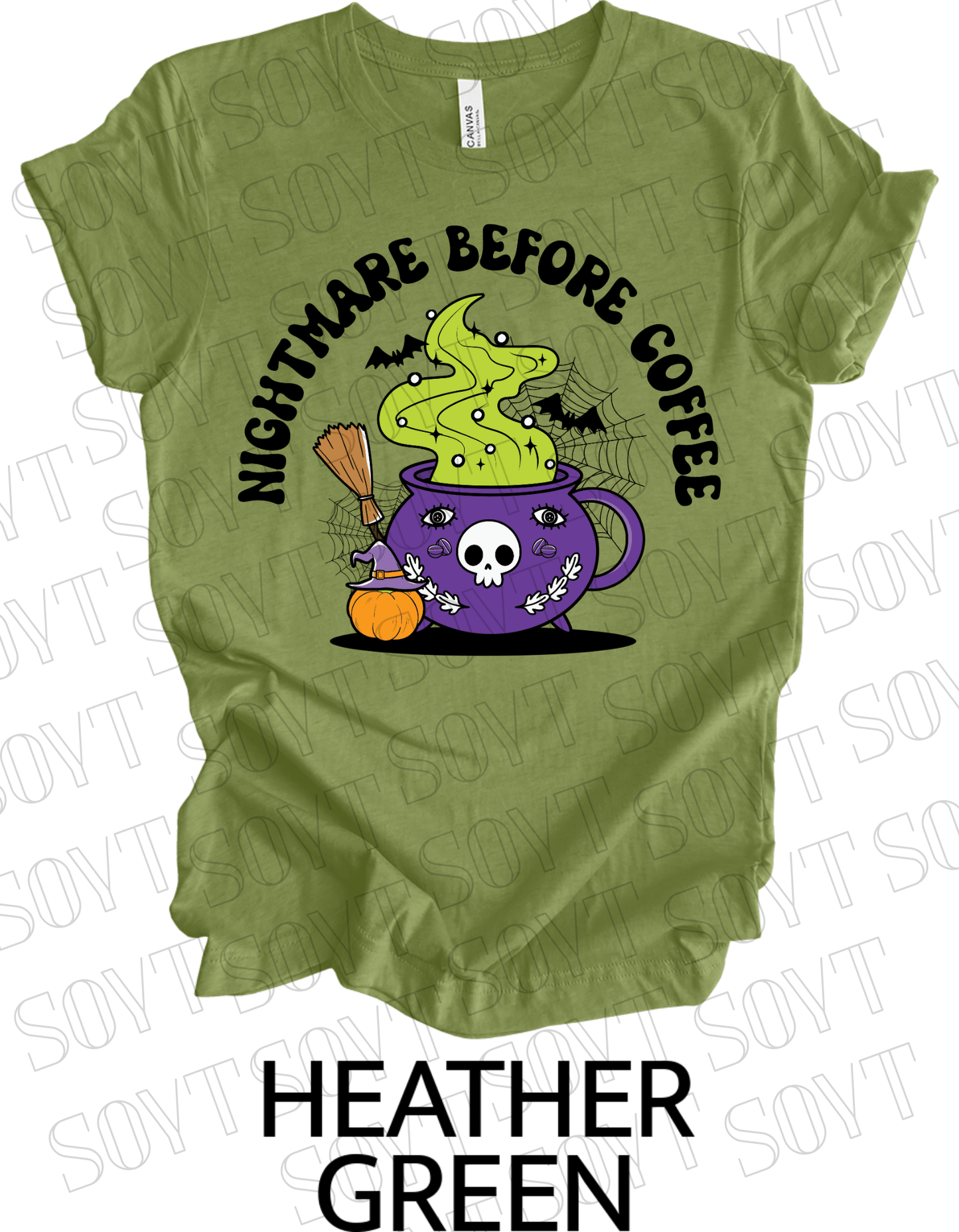 Nightmare Before Coffee T-Shirt – Witch Cauldron Mug with Green Brew, Skull Face & Halloween Magic Graphic Tee - Festive Apparel StoreHeather Green