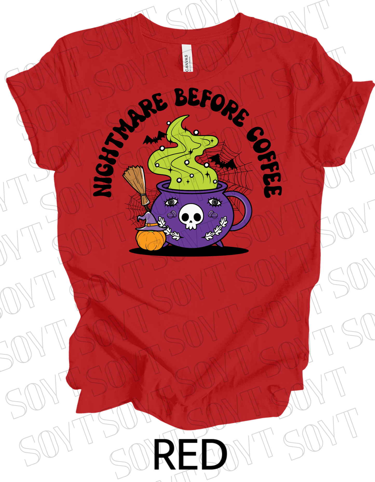Nightmare Before Coffee T-Shirt – Witch Cauldron Mug with Green Brew, Skull Face & Halloween Magic Graphic Tee - Festive Apparel StoreRed