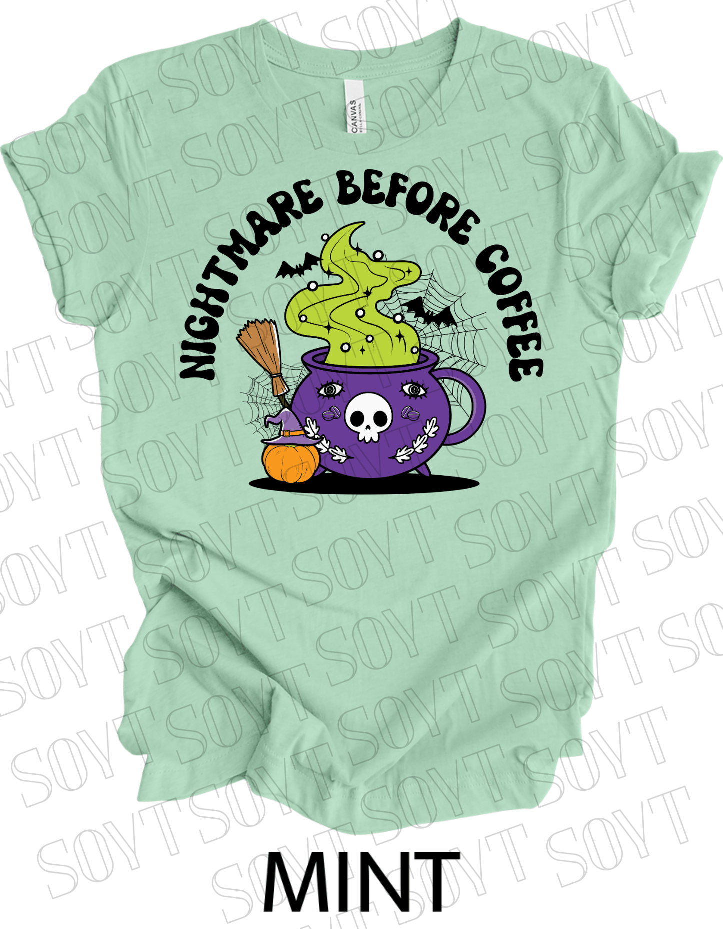 Nightmare Before Coffee T-Shirt – Witch Cauldron Mug with Green Brew, Skull Face & Halloween Magic Graphic Tee - Festive Apparel StoreMint