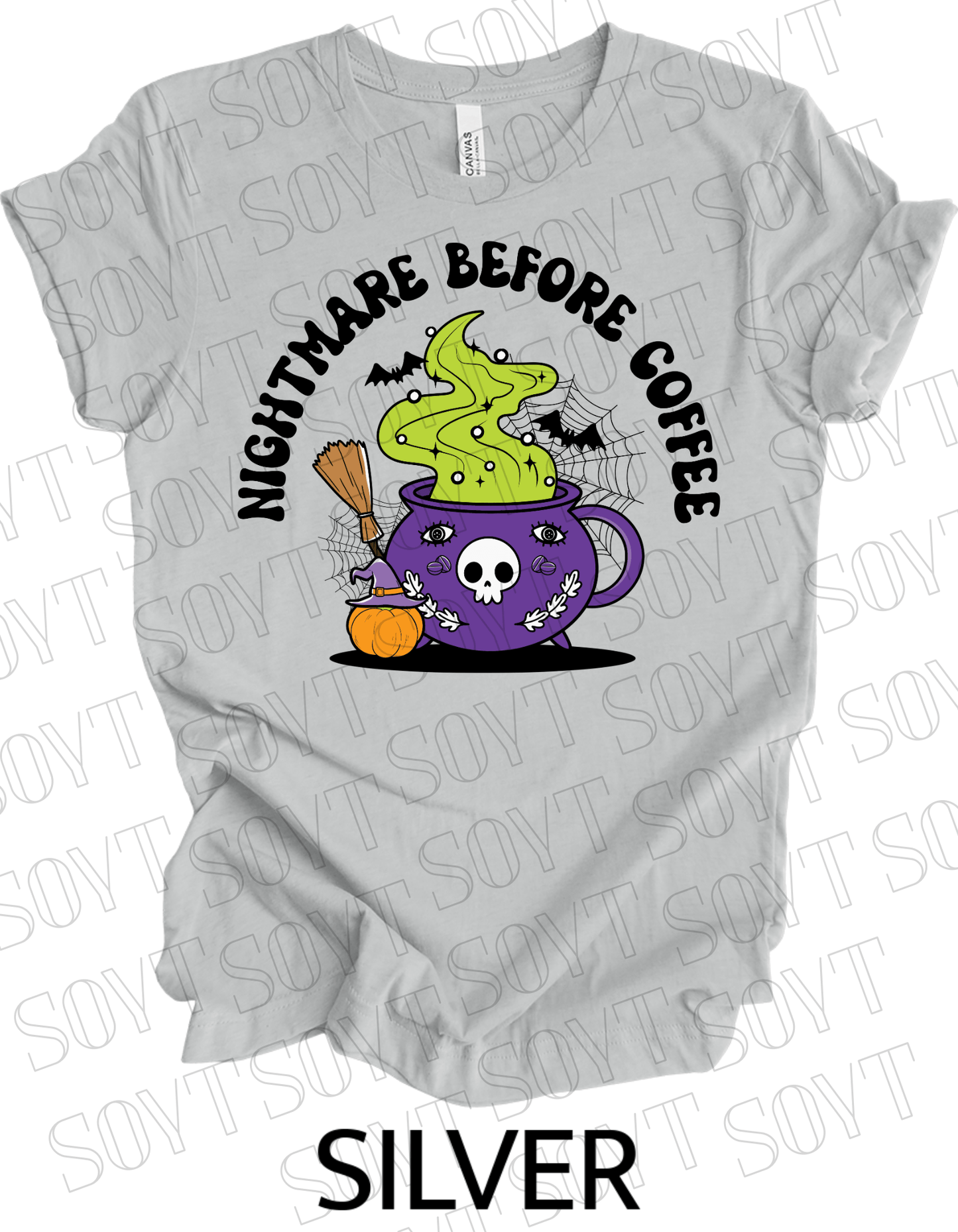 Nightmare Before Coffee T-Shirt – Witch Cauldron Mug with Green Brew, Skull Face & Halloween Magic Graphic Tee - Festive Apparel StoreSilver