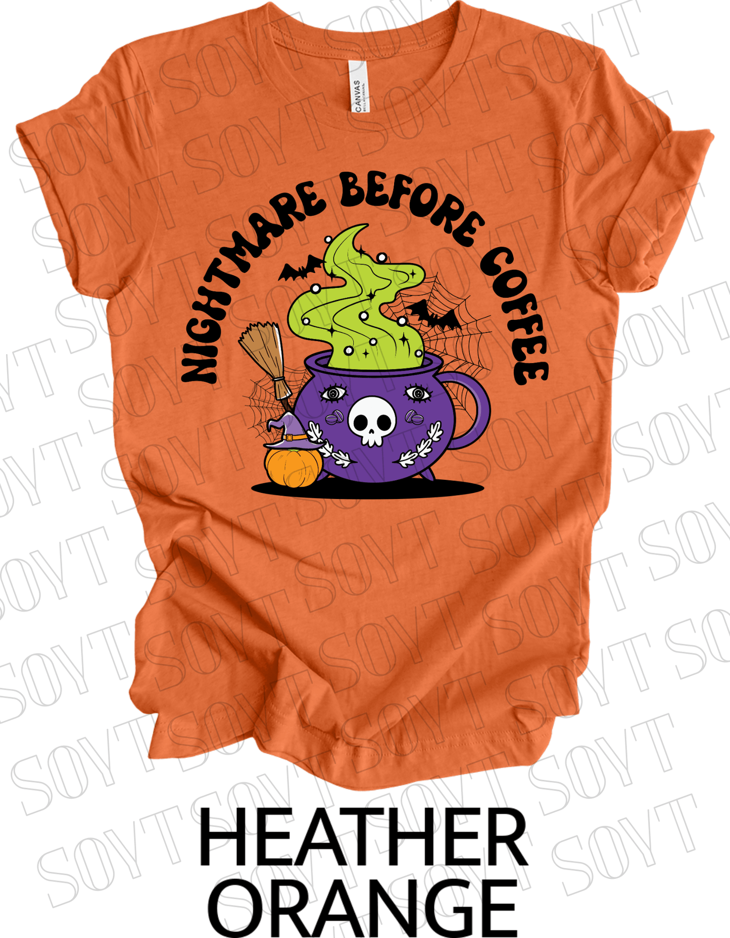 Nightmare Before Coffee T-Shirt – Witch Cauldron Mug with Green Brew, Skull Face & Halloween Magic Graphic Tee - Festive Apparel StoreHeather Orange
