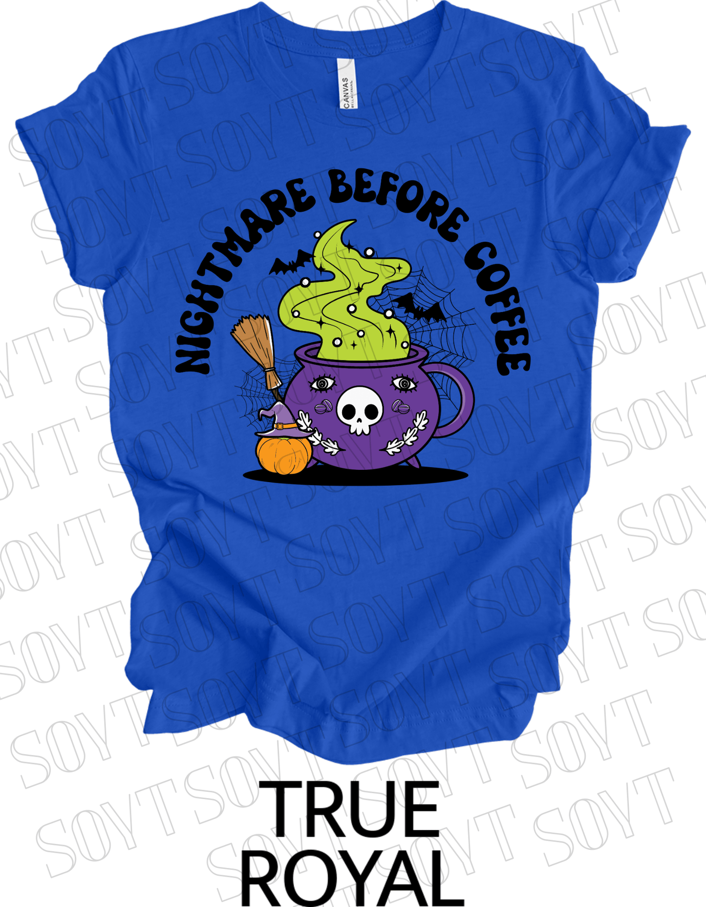 Nightmare Before Coffee T-Shirt – Witch Cauldron Mug with Green Brew, Skull Face & Halloween Magic Graphic Tee - Festive Apparel StoreRoyal Blue
