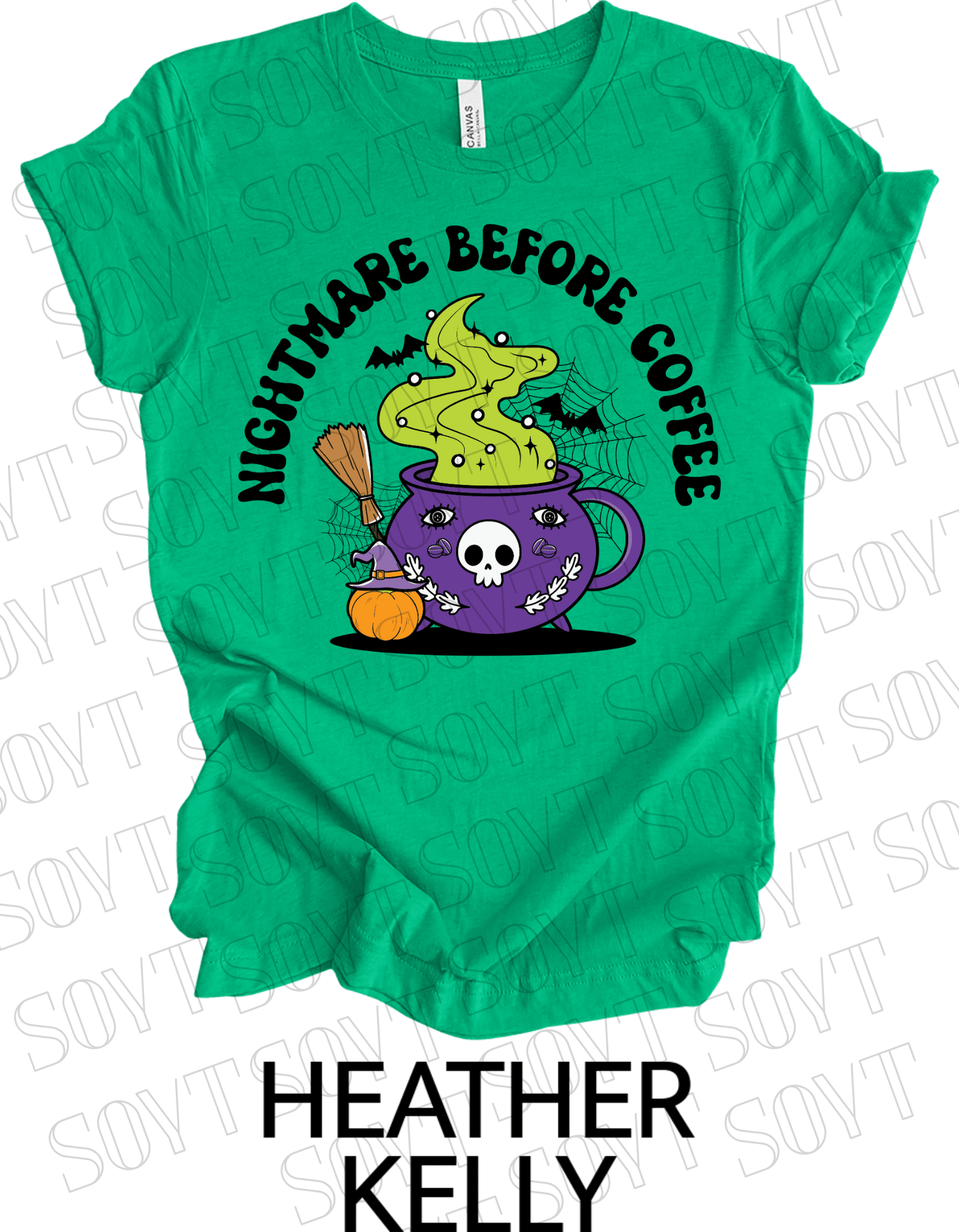 Nightmare Before Coffee T-Shirt – Witch Cauldron Mug with Green Brew, Skull Face & Halloween Magic Graphic Tee - Festive Apparel StoreHeather Kelly Green