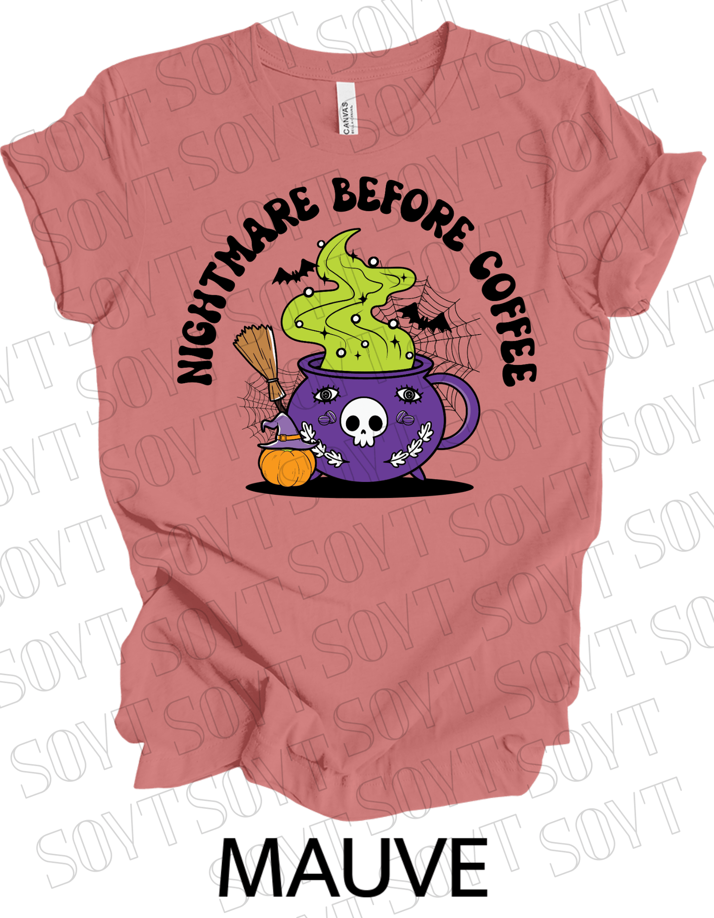 Nightmare Before Coffee T-Shirt – Witch Cauldron Mug with Green Brew, Skull Face & Halloween Magic Graphic Tee - Festive Apparel StoreMauve