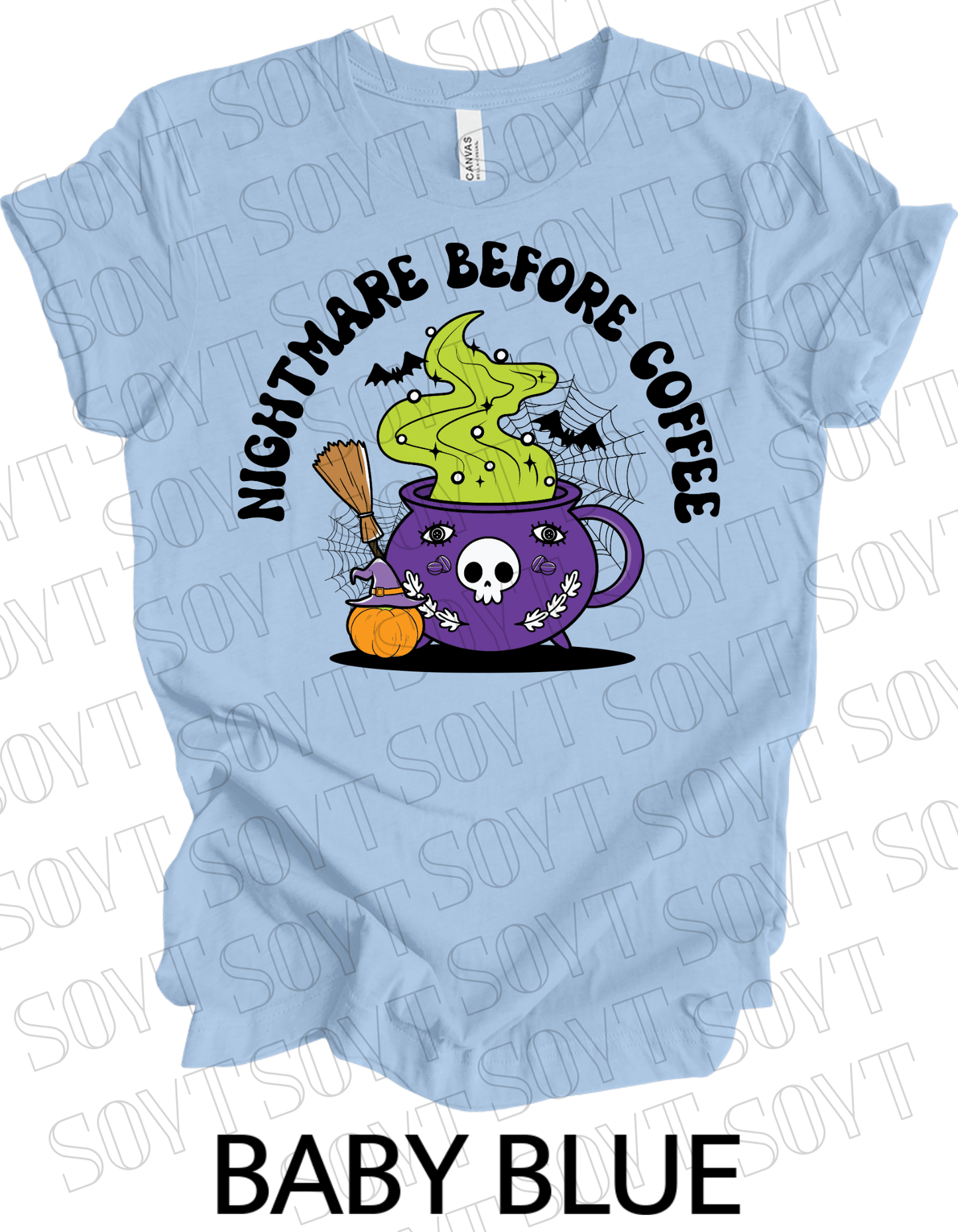 Nightmare Before Coffee T-Shirt – Witch Cauldron Mug with Green Brew, Skull Face & Halloween Magic Graphic Tee - Festive Apparel StoreBaby Blue