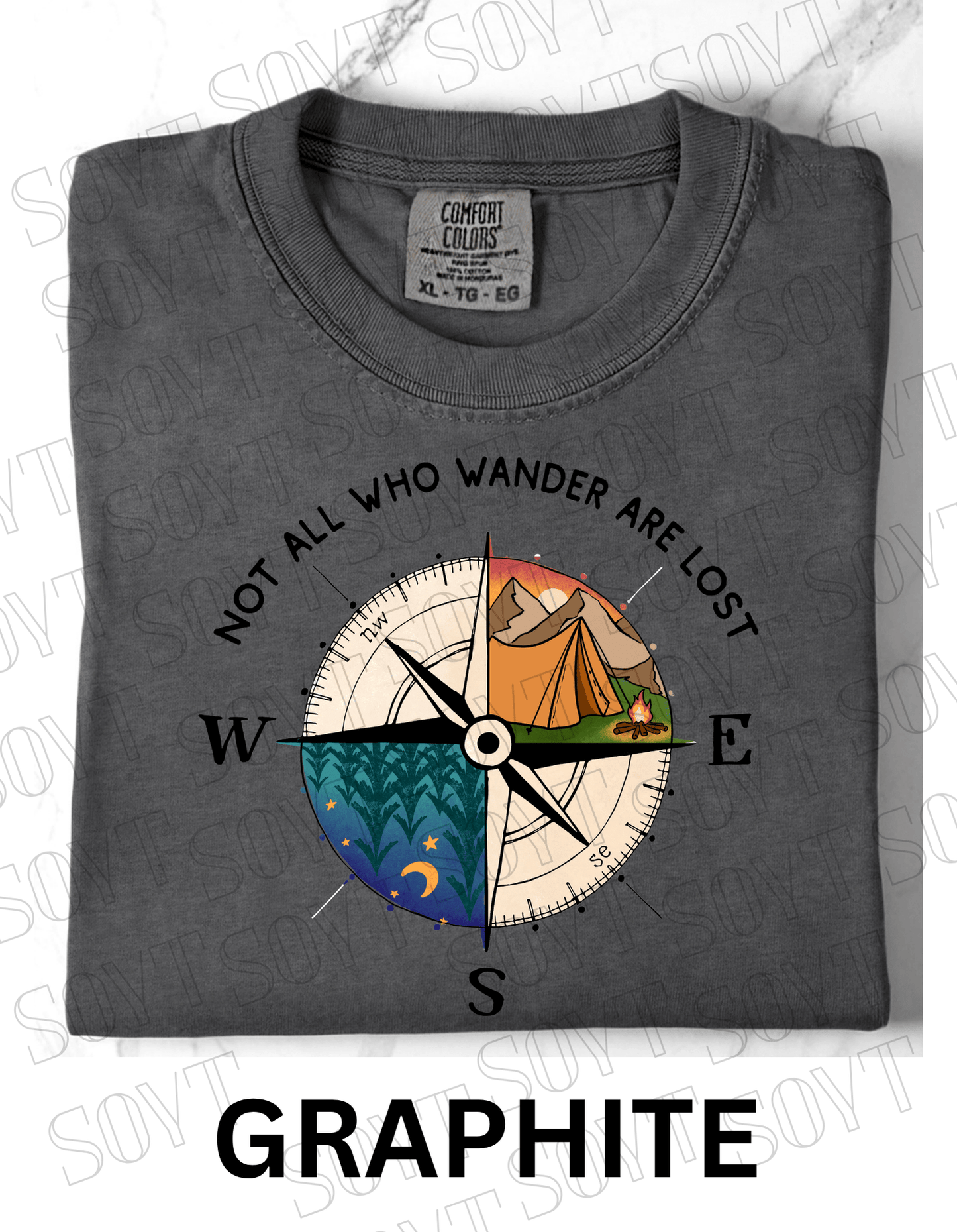 Not All Who Wander Are Lost T-Shirt – Compass Tent Fire & Night Forest Graphic Tee - Festive Apparel StoreGraphite