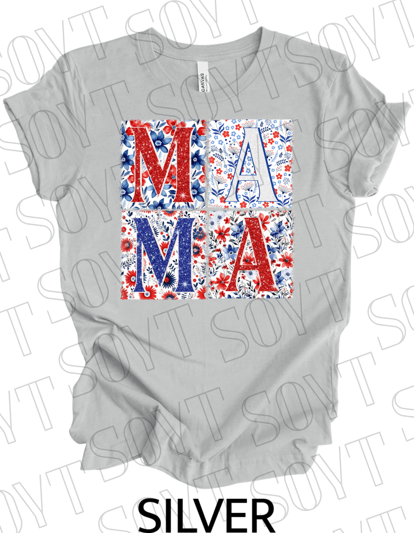 Patriotic MAMA Floral T-Shirt – Bella+Canvas 4th of July Mom Tee - Festive Apparel StoreSilver