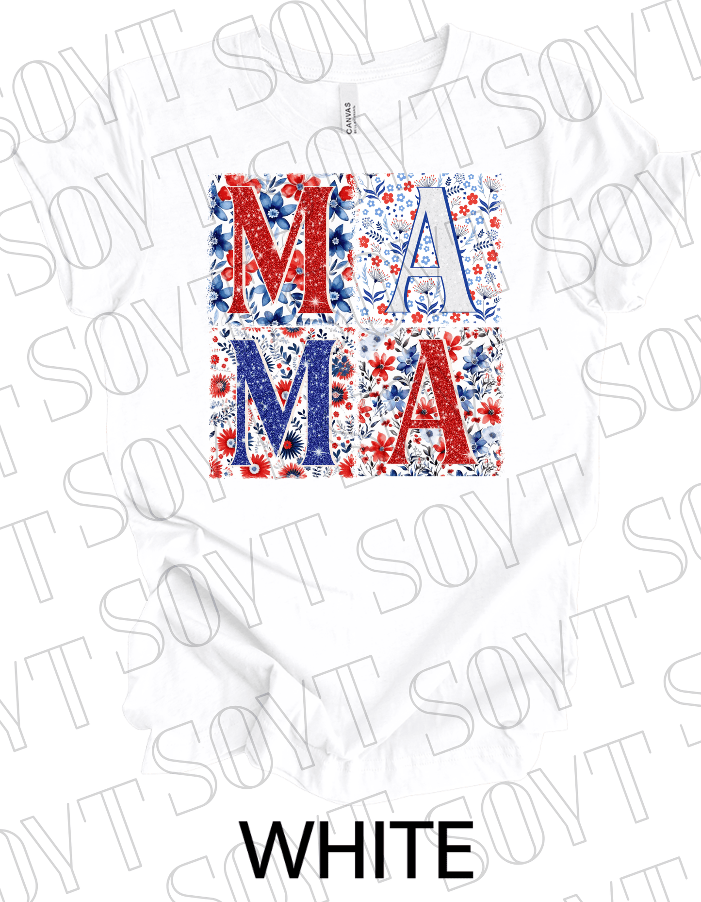 Patriotic MAMA Floral T-Shirt – Bella+Canvas 4th of July Mom Tee - Festive Apparel StoreWhite