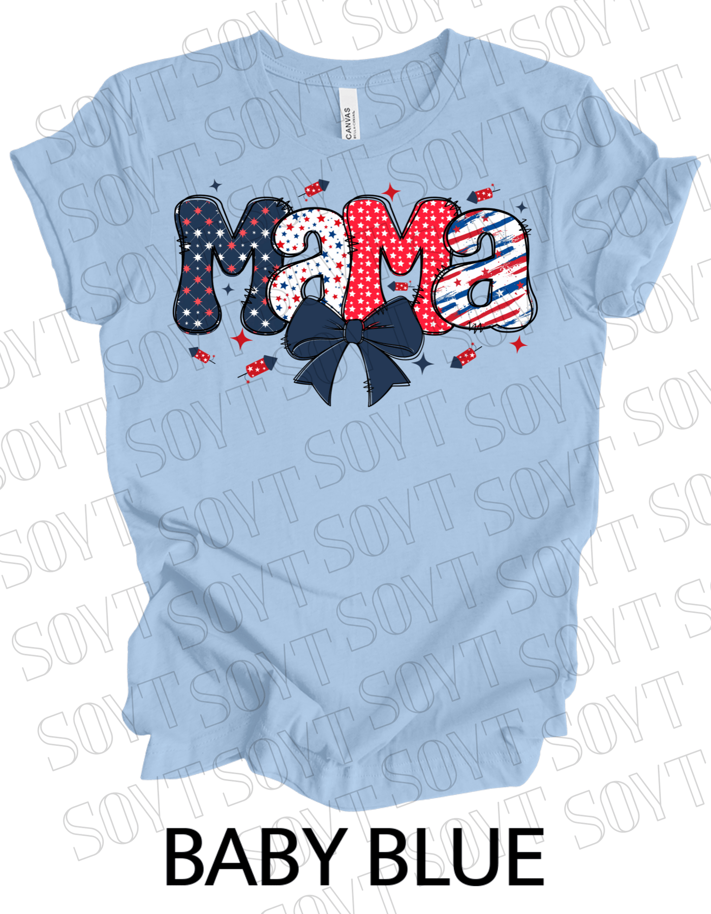 Patriotic Mama T-Shirt – 4th of July Mom Tee with Stars & Bow | Made in USA - Festive Apparel StoreBaby Blue